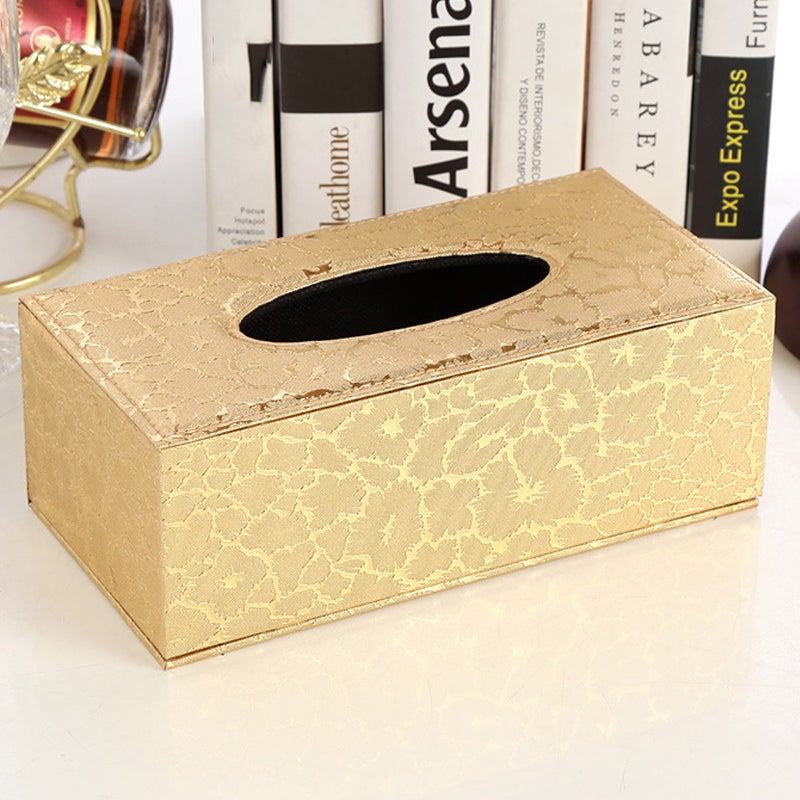 Dekoracyjny, prostokątny dozownik na serwetki ze skóry ekologicznej w kolorze złotym do kuchni, łazienki, salonu i sypialni.