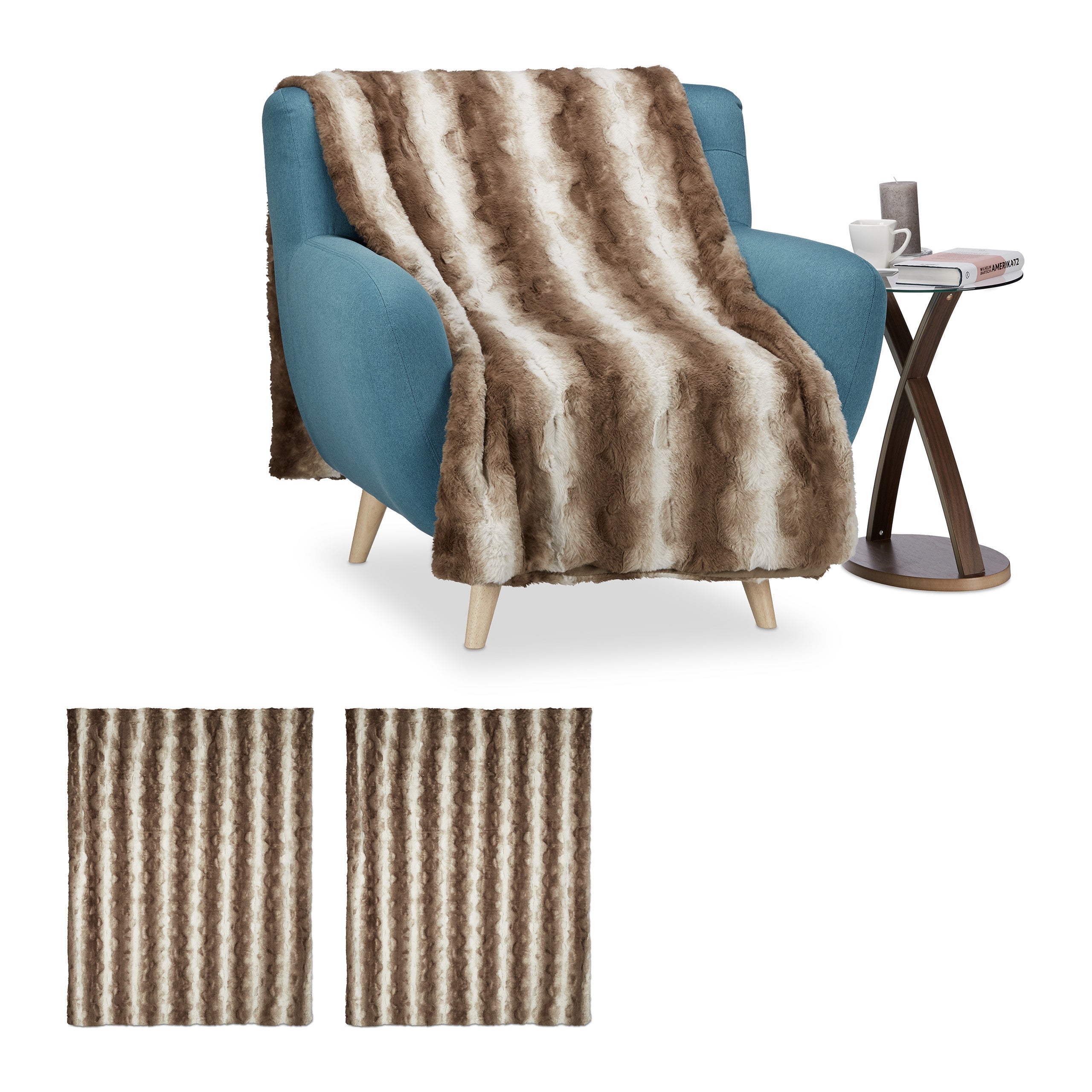 Set 3 mantas de pelo sintético, cobijas para el sofá, mantita suave para cama, mullida, doble capa, 150 x 200 cm, marrón