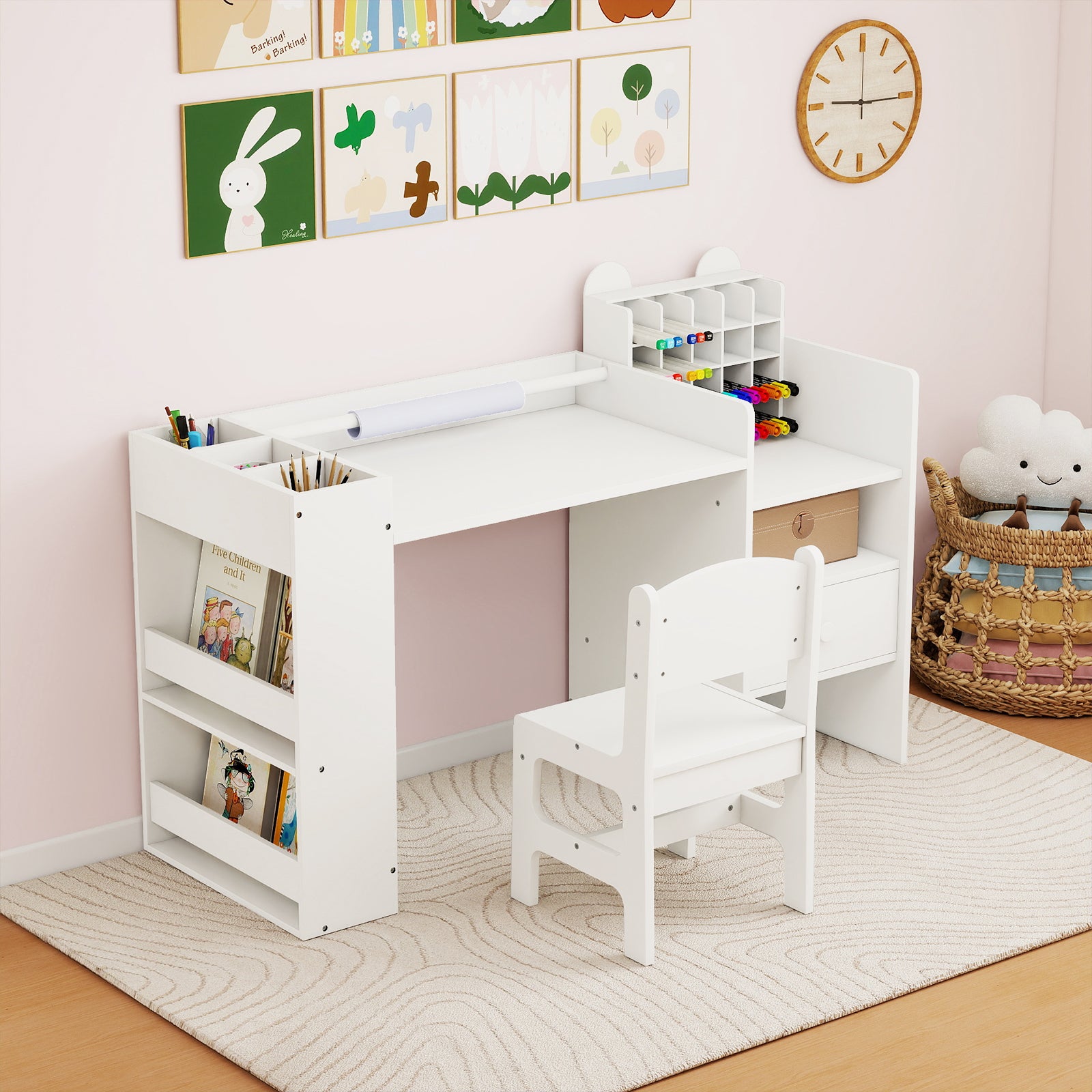 Ensemble Table et Chaises pour Enfants, Bureau de Peinture pour Enfants avec Porte-rouleau de Papier Amovible et Armoire Cubique, Tiroir de Rangement - 8