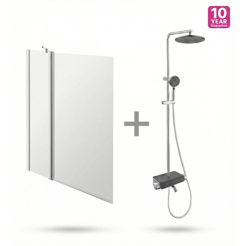 Zestaw 2w1 Parawan Nawannowy 103cm Uchylny + Kolumna Prysznicowa Termostatyczna z Wylewką - Blokada 38°C - Deszczownica Ø25cm - Szkło Hartowane 5mm -