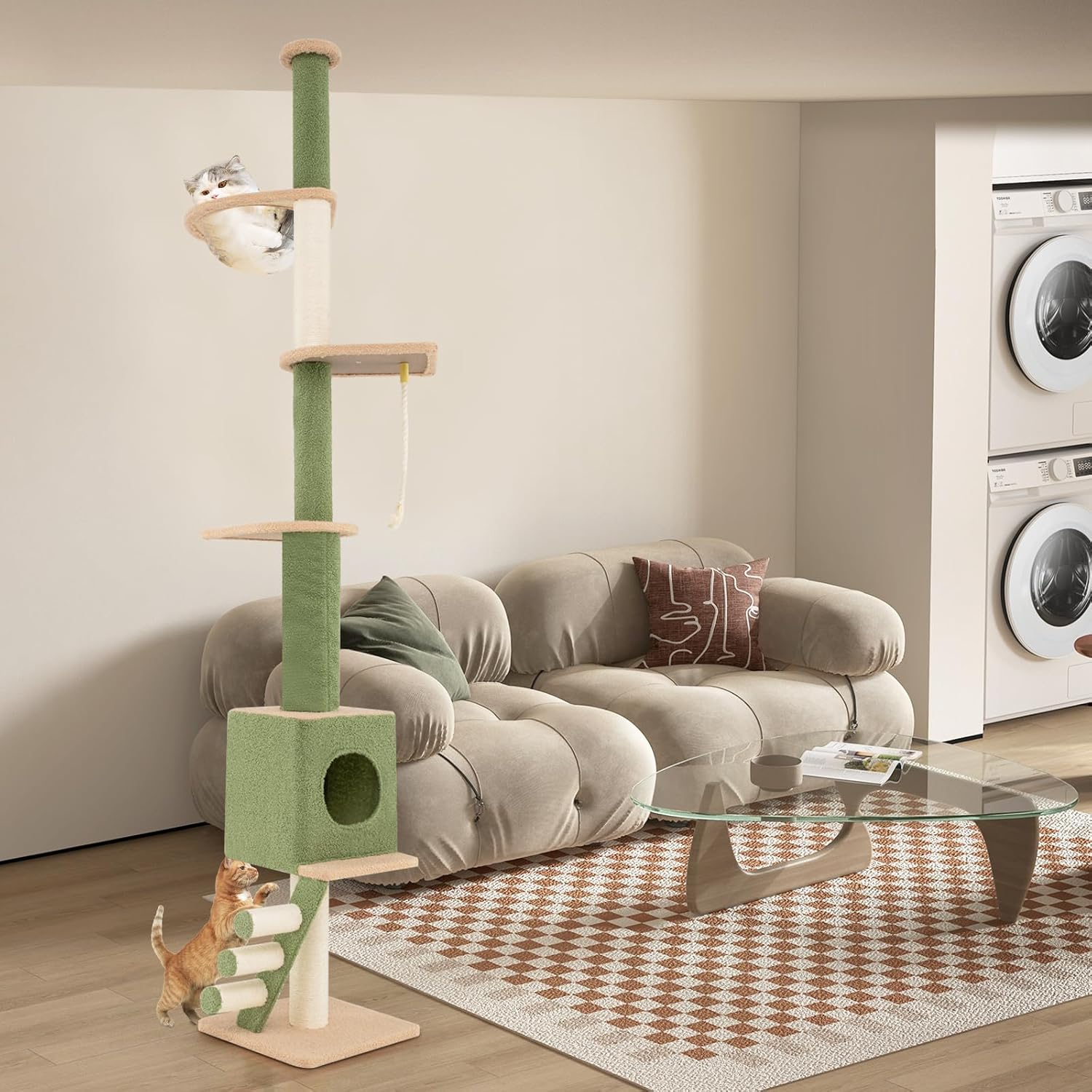 Arbor de pisică la 5 niveluri, înălțime reglabilă 218-253CM, Capsulă spațială, Condominiu, Poteaux à Griffer en Sisal, Eschelle de Grimpe