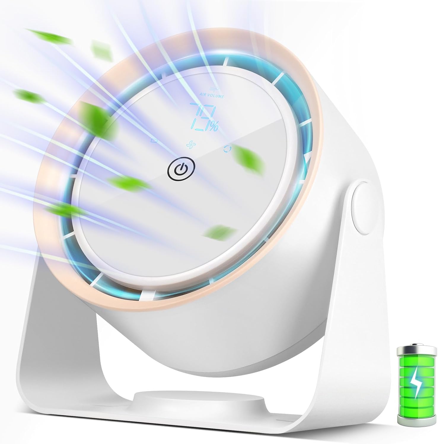 Akumulatorowy, cichy, pięciobiegowy wentylator stołowy z cyfrowym ekranem dotykowym. Idealny do sypialni, podróży i na kemping, biały.