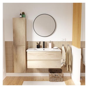 Meuble simple vasque 80cm décor chêne SORRENTO+robinet noir+miroir+colonne
