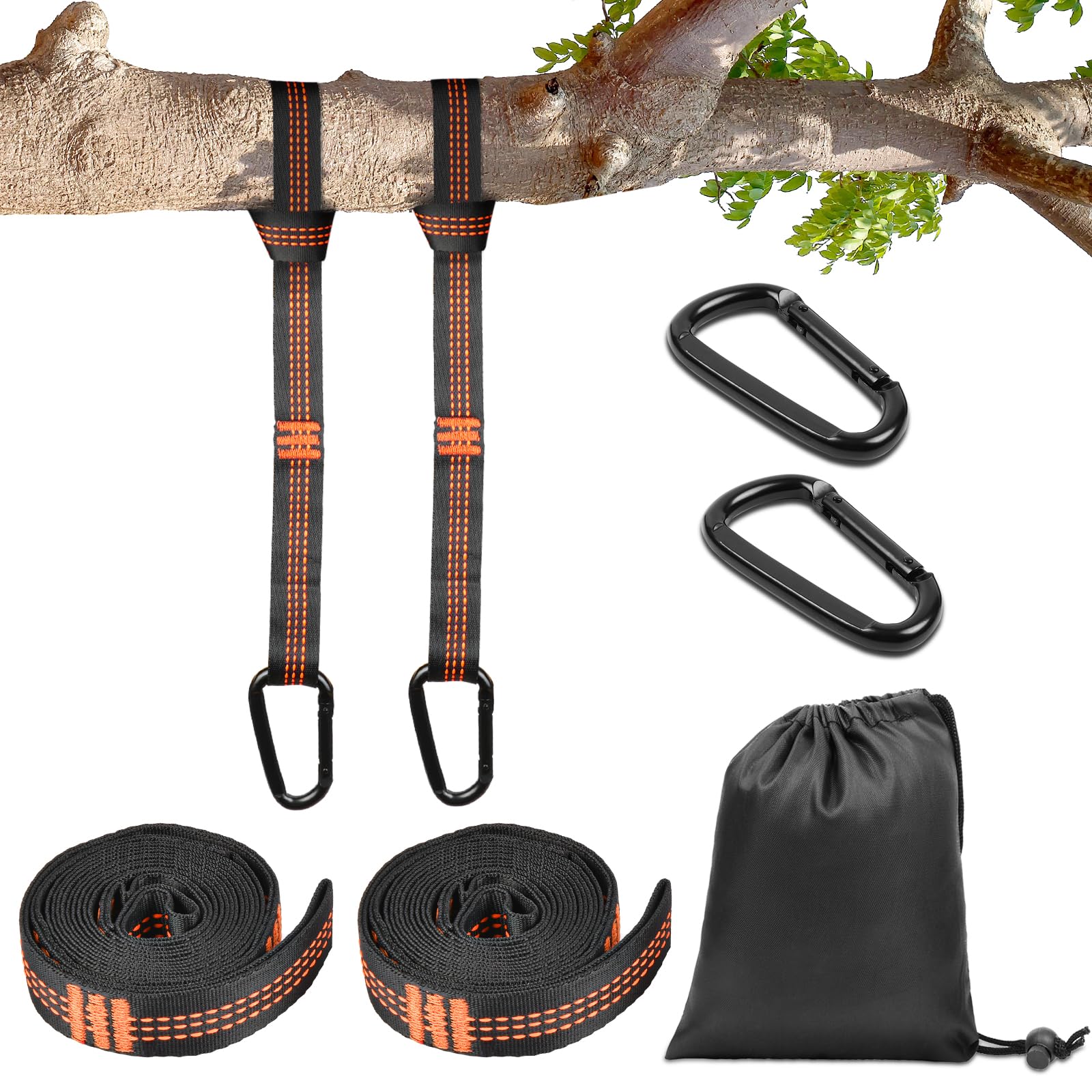2 paski do hamaka 3m x 2,5cm z 2 karabińczykami - Maksymalne obciążenie 1000kg - Mocowanie hamaka, huśtawki, do campingu, podróży (Pomarańczowy)