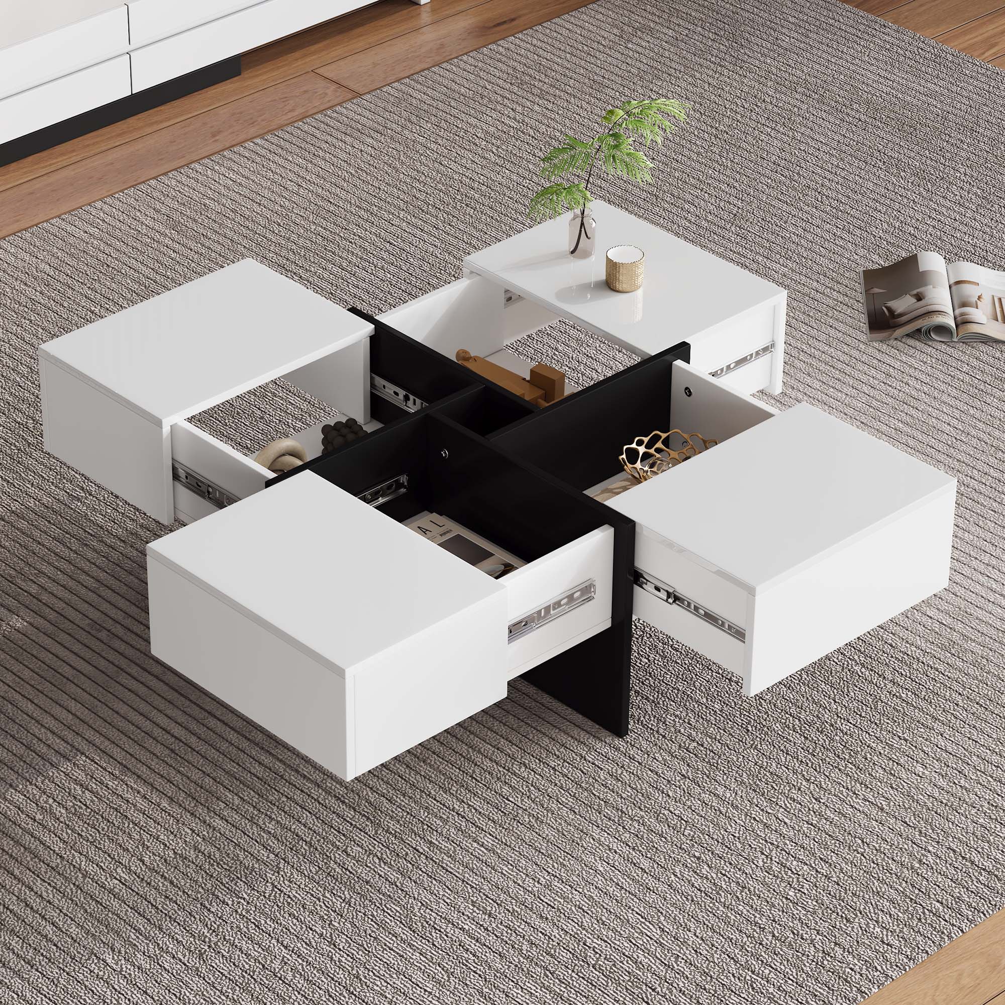 Table Basse Carrée - Table Basse Coffre Haute Brillance Avec LED, 70x70x36cm Avec 2 Tiroirs, Table De Salon En Verre Trempé - Noir - Maison