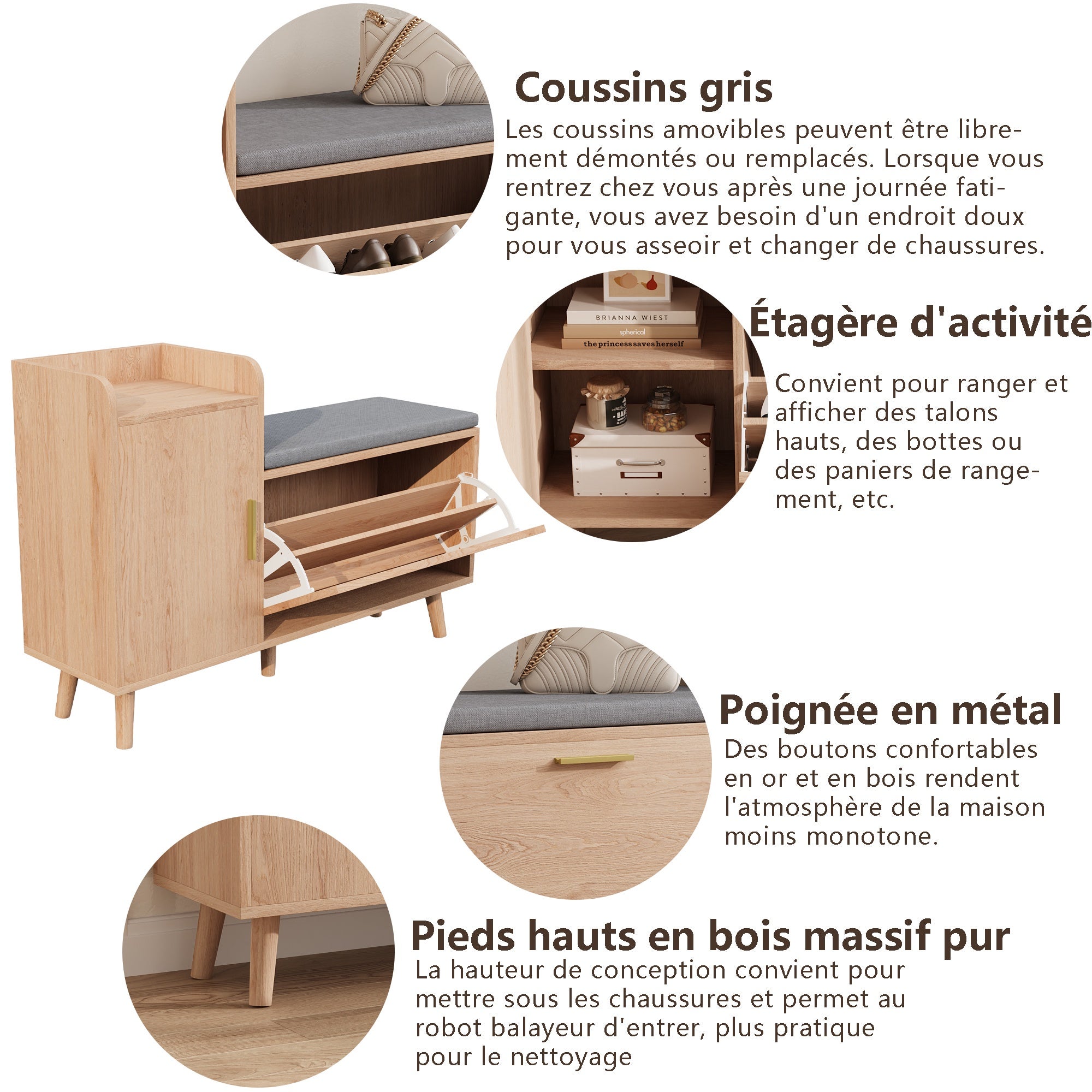 Meuble à Chaussures avec Banc Rembourré, 2 Casiers à Chaussures, Armoire Latérale et Étagère Ouverte - Style Nordique Bois Clair - 7