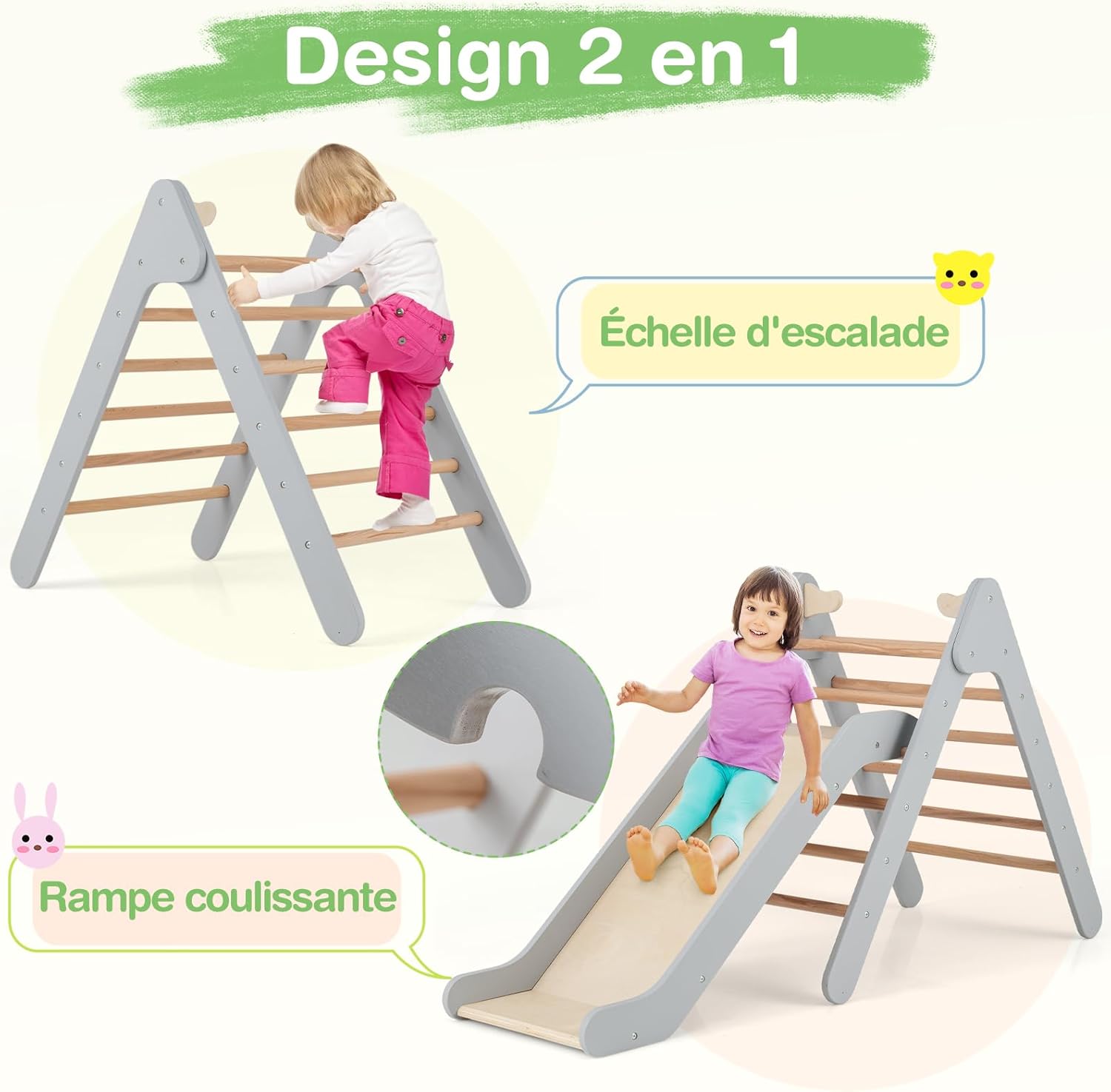2 en 1 Triangle d'escalade Montessori Enfant avec Toboggan, Echelle d’Escalade en Bois avec Hauteur Réglable,Charge 60kg pour Enfants de 1 an+ - 2