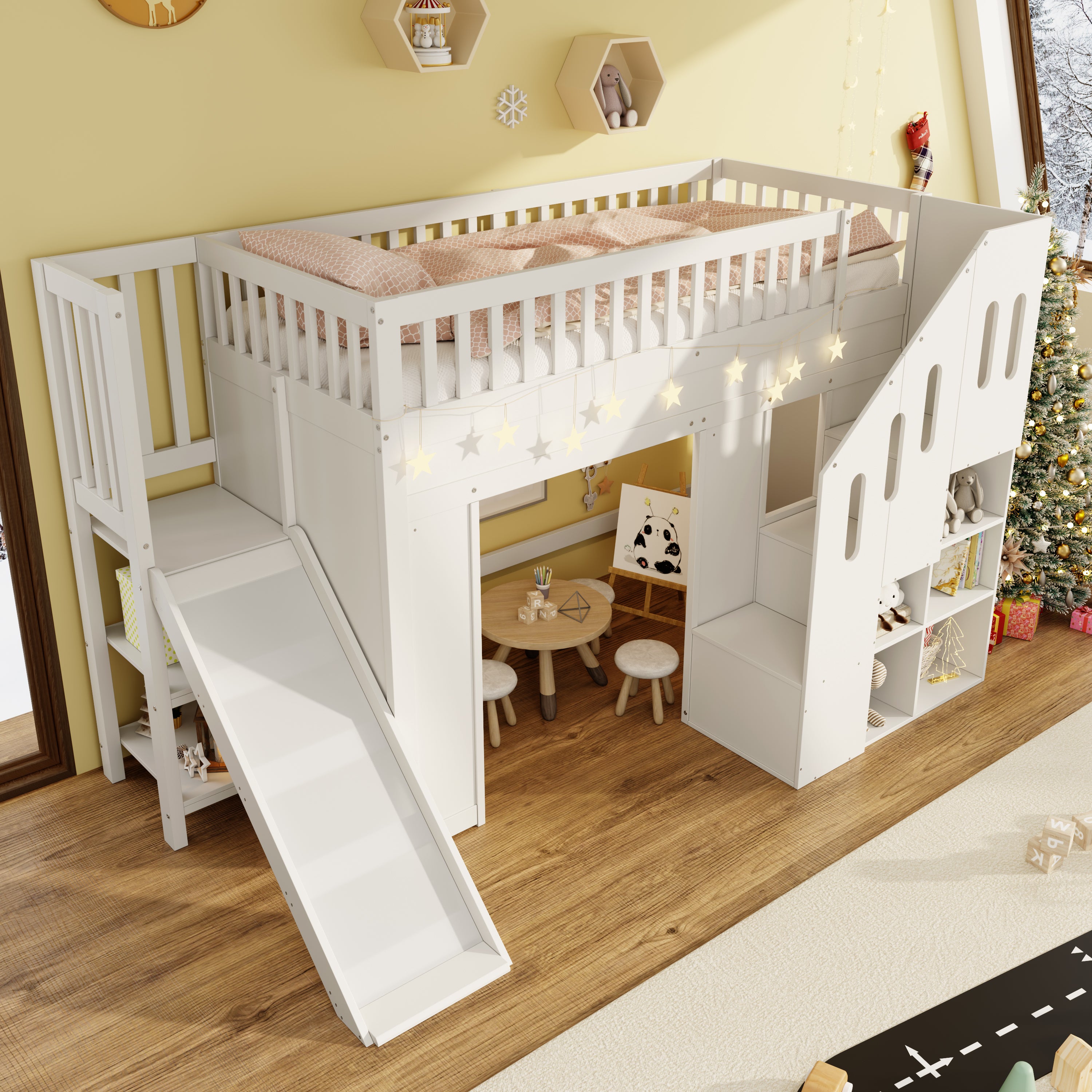 Łóżko piętrowe dla dzieci 90x200cm - z listwą świetlną LED - ze zjeżdżalnią - drabinka - białe (materac nie jest wliczony w cenę) - 3