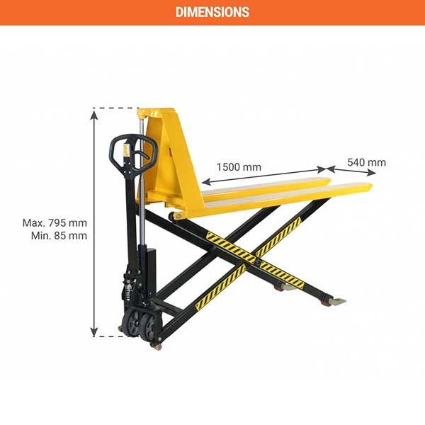 Transpalette levée haute manuel à fourches longues 1500x520mm - Levée 800mm - Capacité 1T - Ergonomie et sécurité - 1830043015 - 2