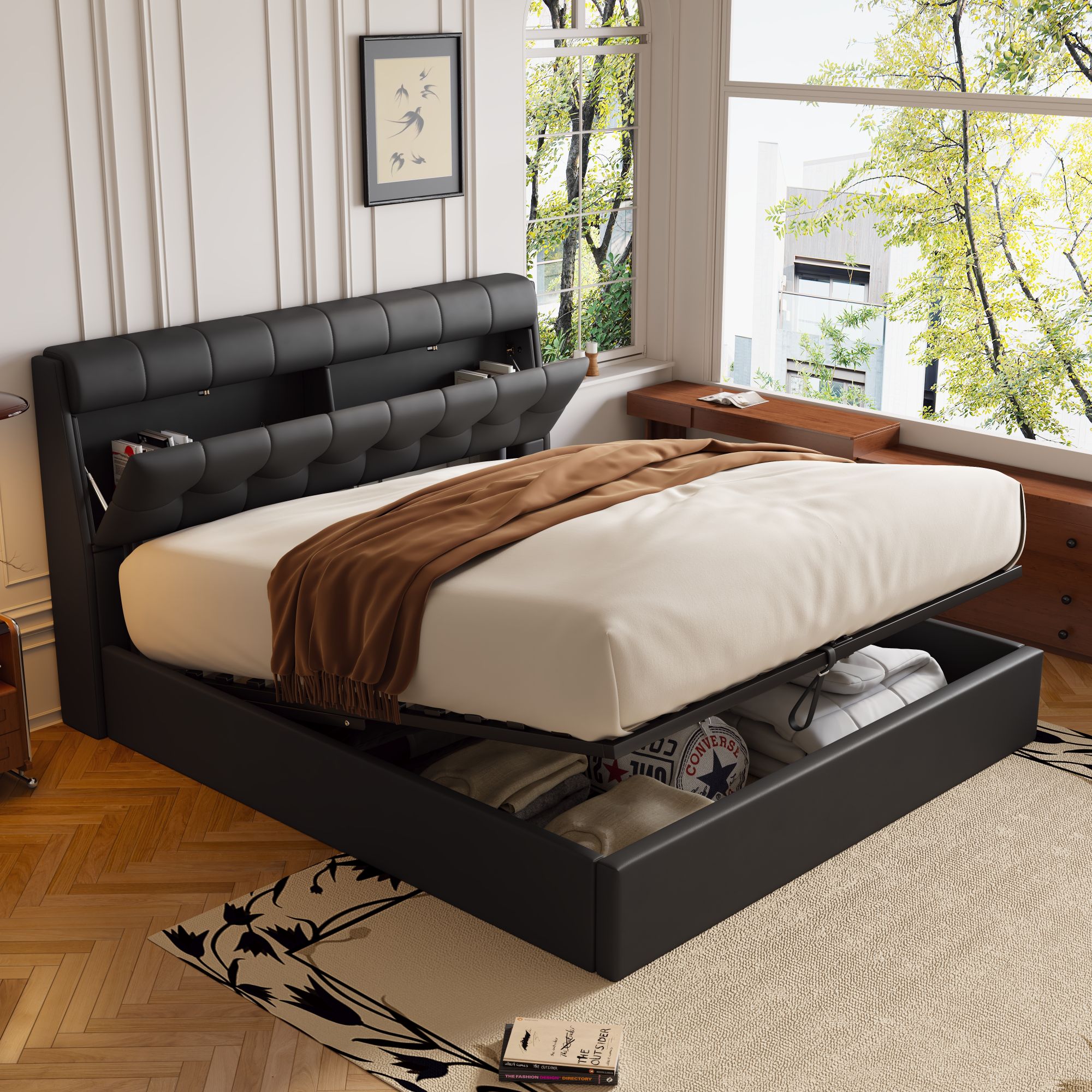 Lit coffre 160 x 200 cm avec tête de lit rangement - LEDs - Cuir PU - Noir (sans matelas) - 5