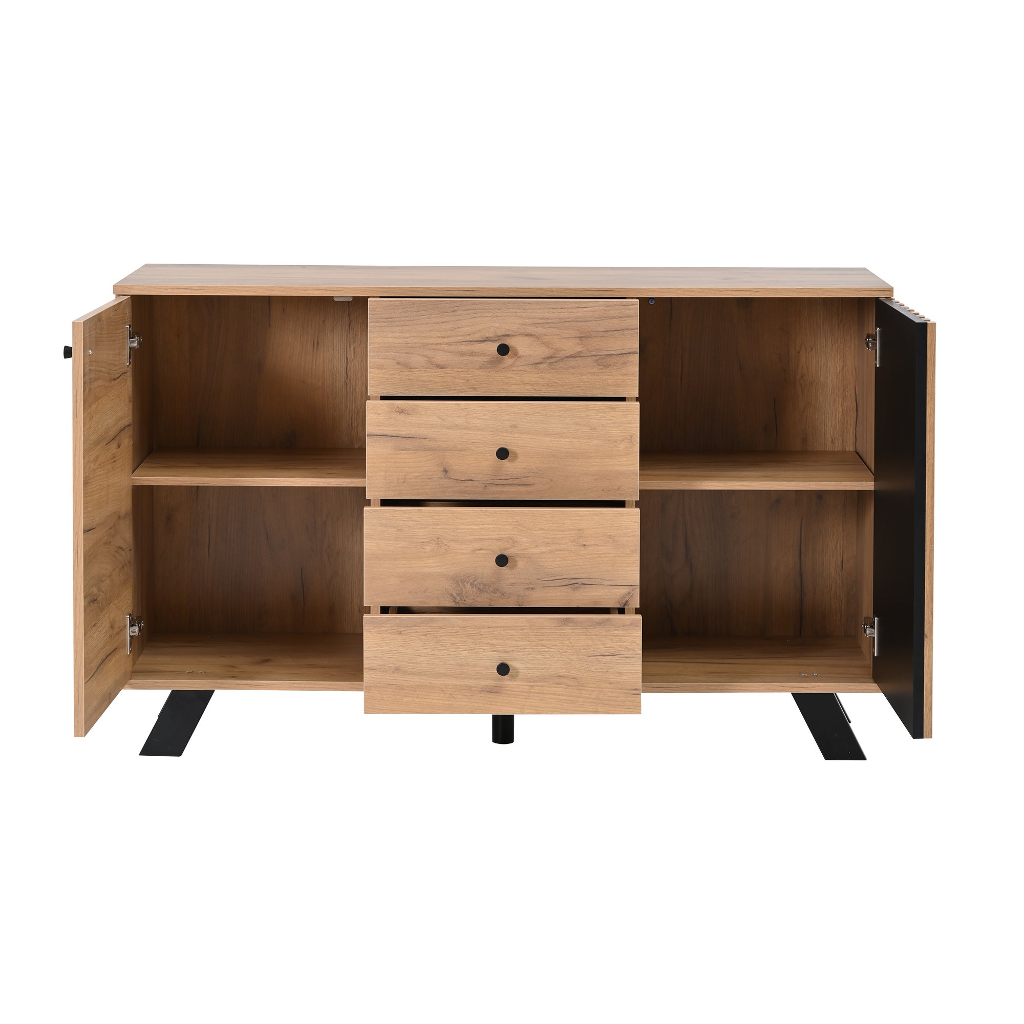 Buffet 120x38x75cm - 4 tiroirs et 2 portes - avec 5 pieds en bois massif - MDF - naturel - 4