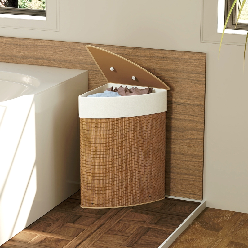 Panier à linge d'angle HOMCOM en bambou avec couvercle, 55 L, avec sac à linge amovible, idéal pour la salle de bain, marron - 2