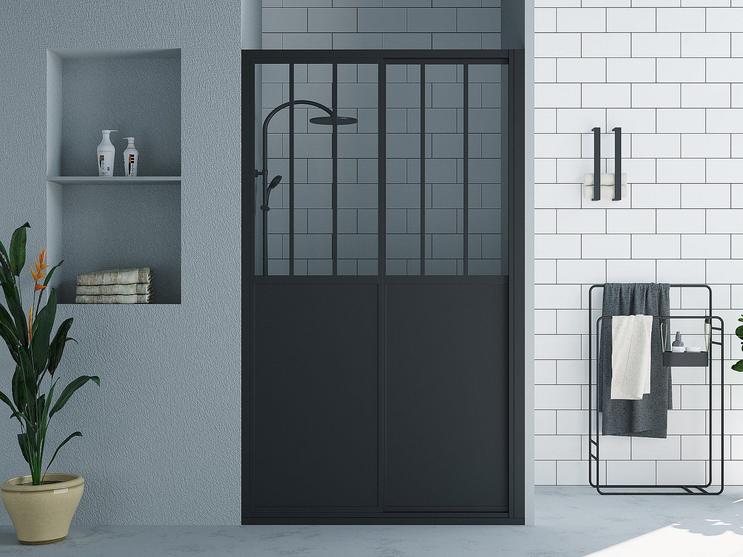 Drzwi prysznicowe przesuwne czarny mat styl industrialny - 140 x 195 cm - URBANIK