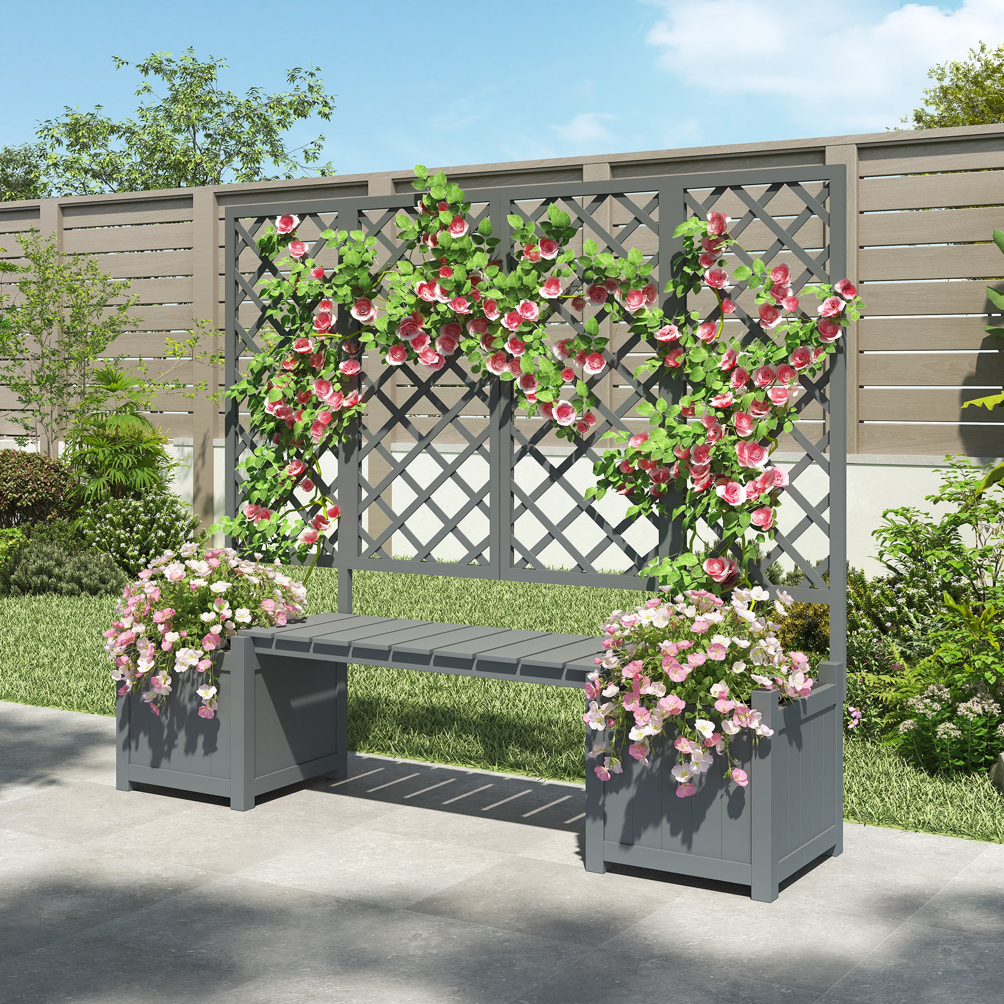 Lot de 2 Jardinière sur pièds avec Treillis en bois massif + 1 banc- 169 x 42 x 145 cm - Gris - 2