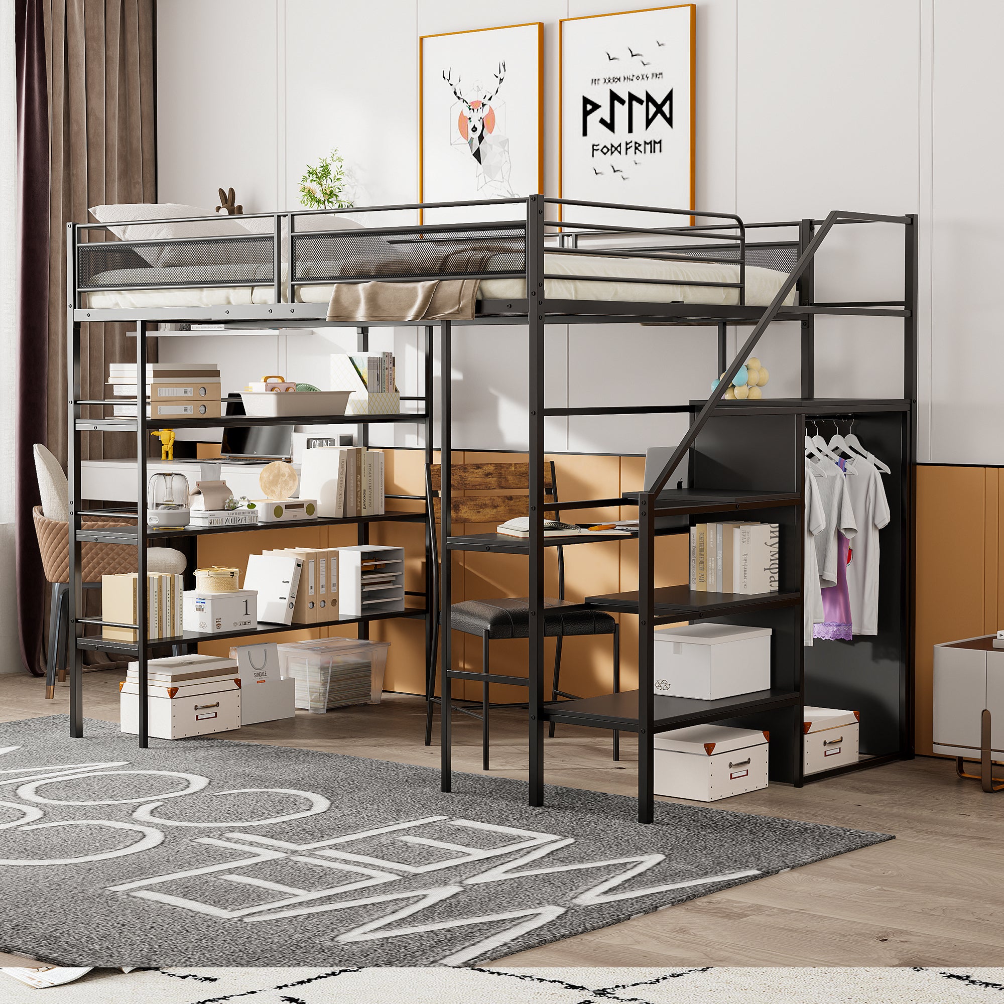 Letto A Soppalco Per Adulti 140x200 Cm - Con Scrivania E Armadio, Design Multifunzione - Foto 9