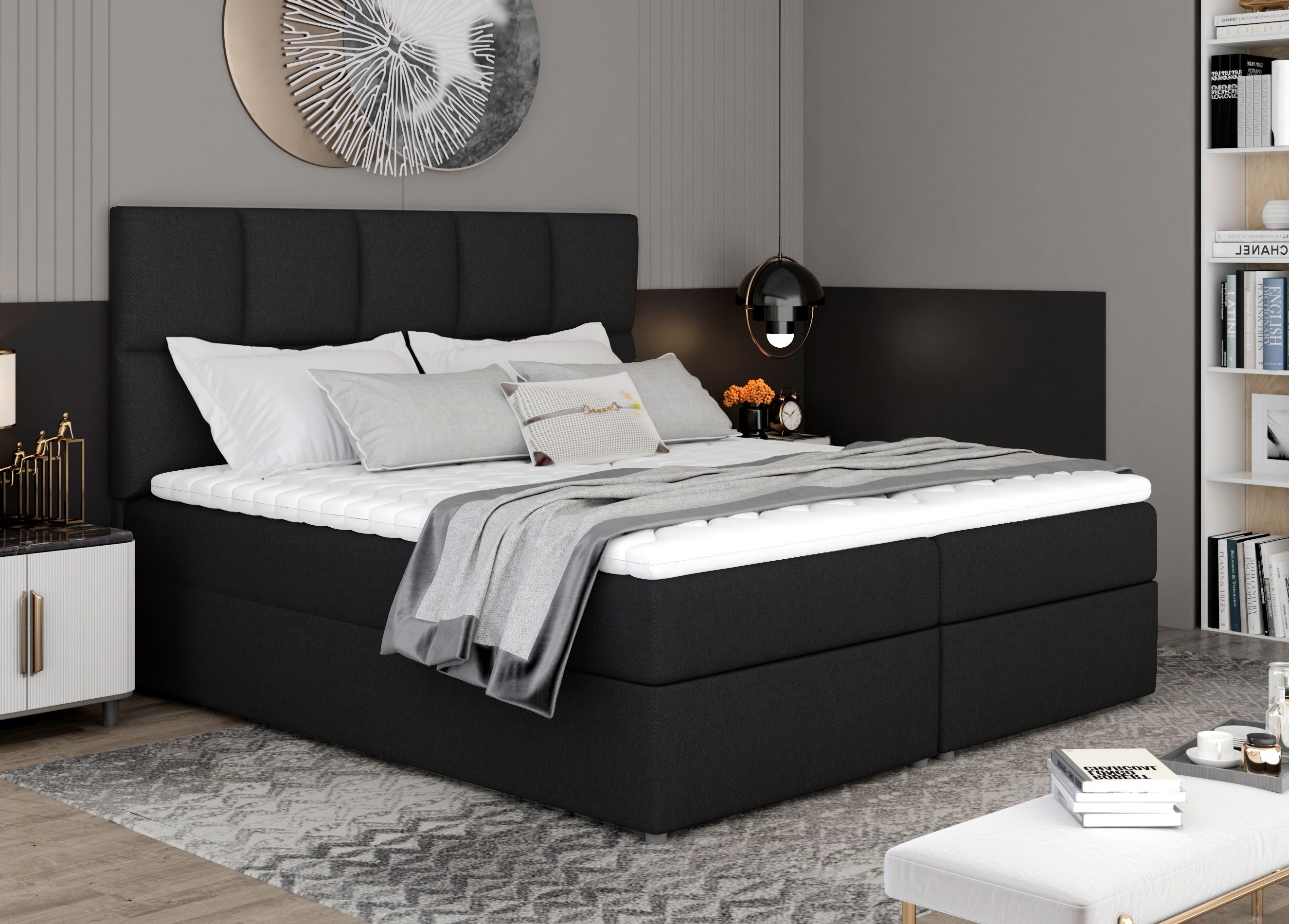Lit boxspring tissu noir avec matelas et surmatelas Lizen-180x200 ...