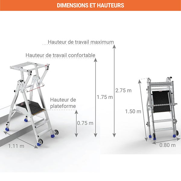 Escabeau PIRL 3 marches - Hauteur max. de travail 2.75m - PIRL3-RSO - 2