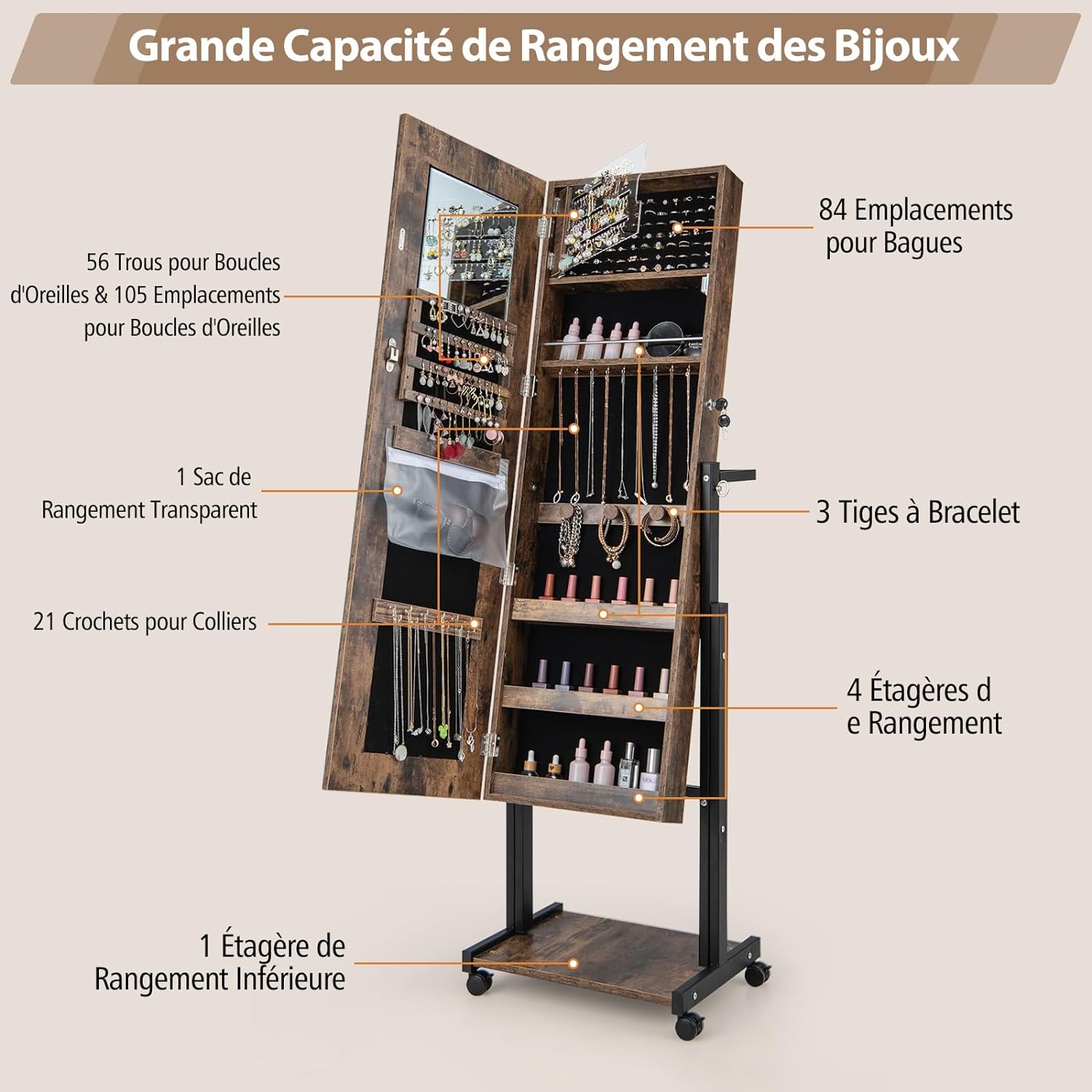 Armoire à Bijoux Miroir Pleine Longueur avec LED Réglable en Hauteur et en Angle-Roues Universelles et Porte-manteau, Marron - 4