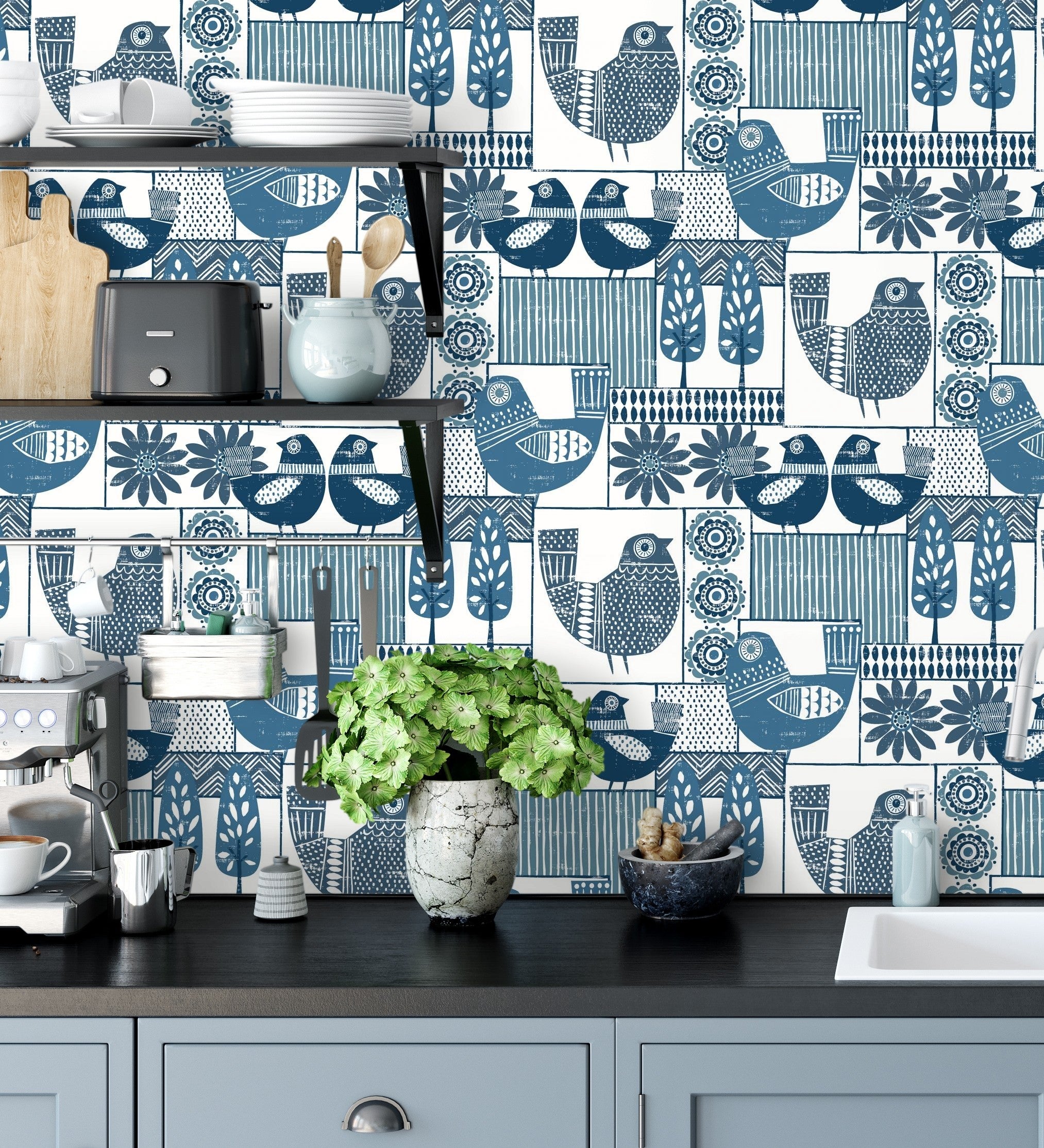 Papel de parede vinílico ecológico de galinhas e árvores com estilo nórdico - Scandi Birds 679405 da GAULAN - Rolo de 10 m x 0,53 m - 4