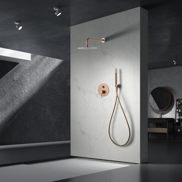 Ensemble de douche encastrée avec mitigeur | Modèle LINE | Couleur Rose doré | Finition en or rose brossé [ IMEX® ]