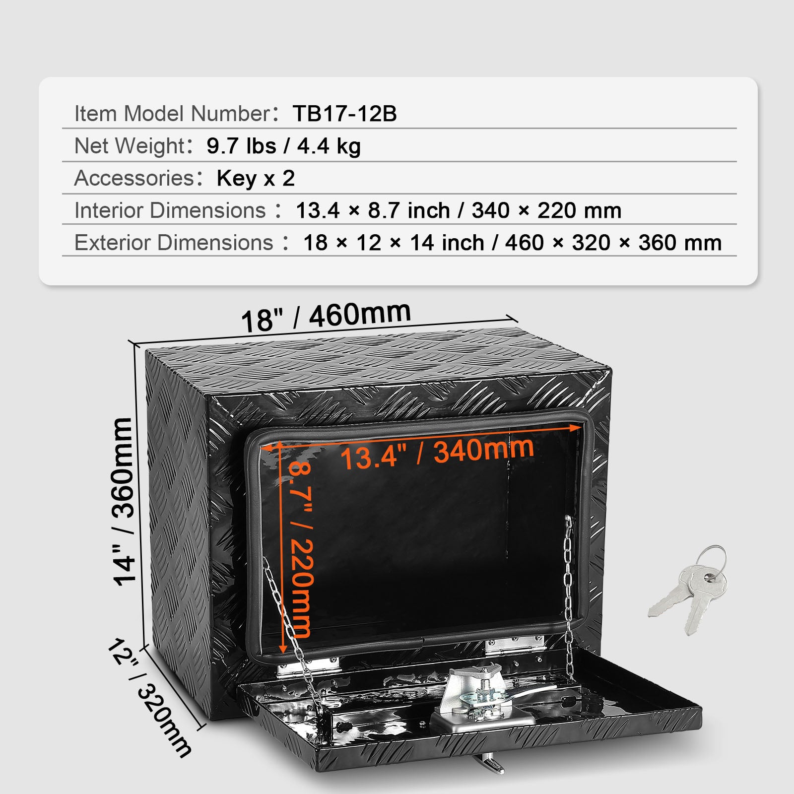 Coffre de camion,SucceBuy boîte à outils robuste en aluminium avec plaque diamantée,serrure et clés,rangement étanche,18