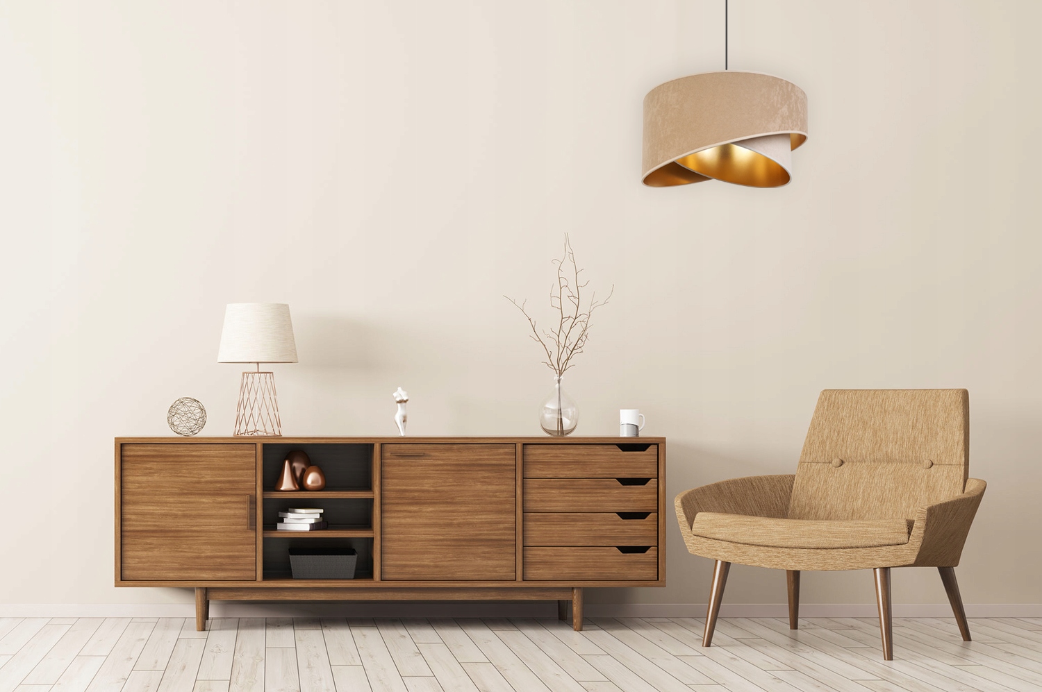 Lampa sufitowa wisząca elegance welur 1xE27 klosz niesymetryczny złoto/beżowy Light Home LH - 3