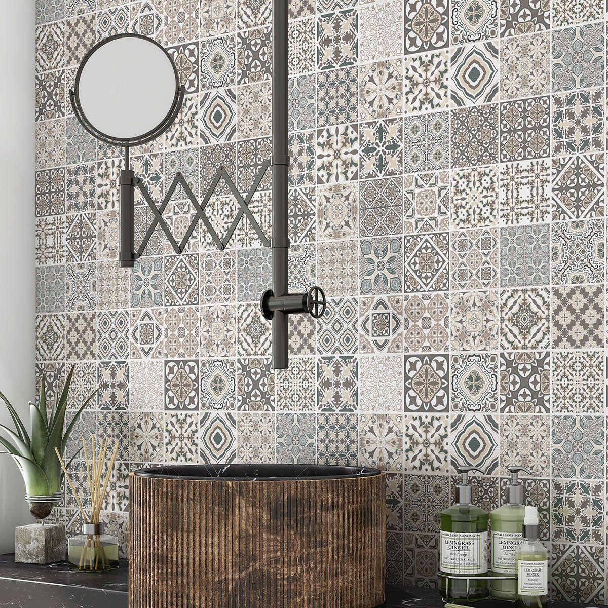 Crédence adhésive sticker pour salle de bain - Motif carreaux de ciment - Adhésif BRILLANT - 80x80 cm - 2