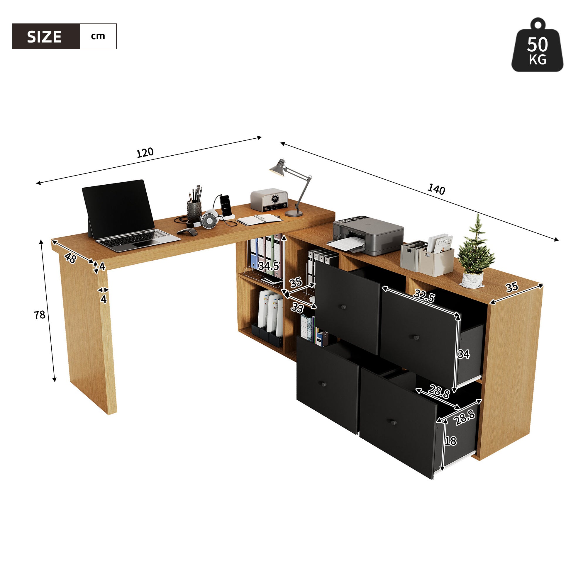 Bureau d’angle pivotant 360° en MDF noir et décor chêne, avec 4 tiroirs ...