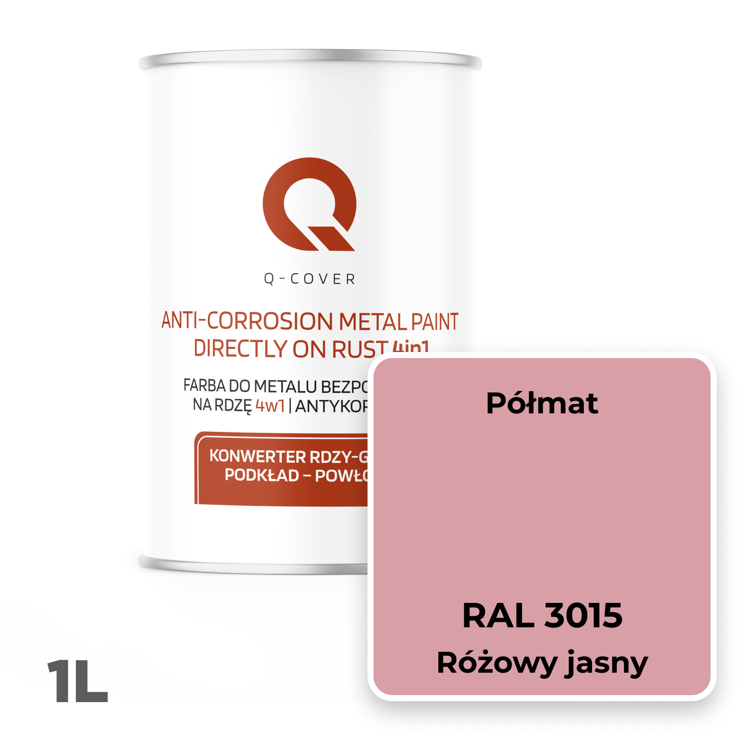 Farba do Metalu Prosto na Rdzę 4w1 Q-Cover Różowy jasny RAL3015 Półmat 1L - 2
