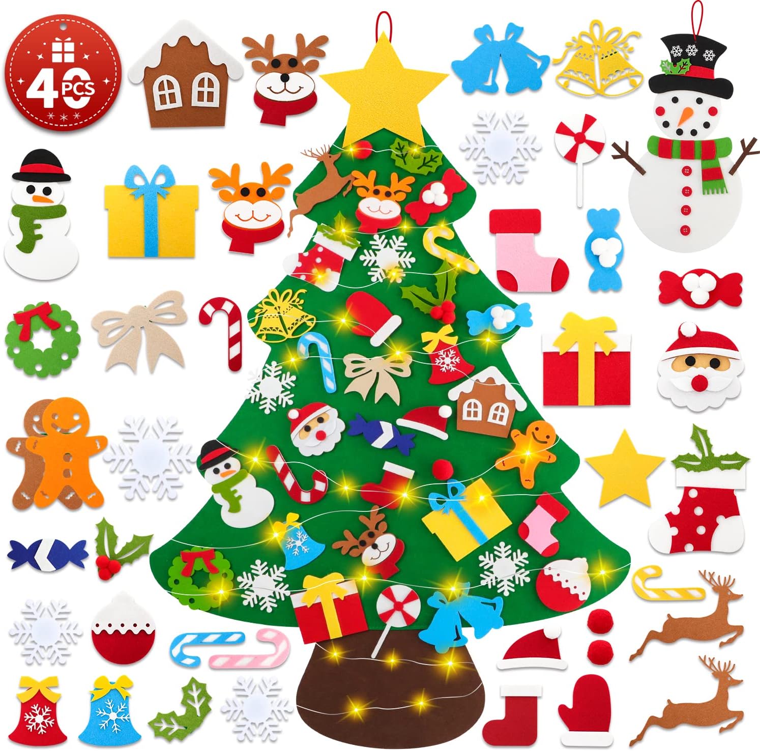 Feutre Sapin De Noel Avec Bonhomme De Neige, 98cm DIY Feutrine Enfant Arbre De Noel Deco Avec Lumieres 40 Ornements Amovibles Arbre 98554059