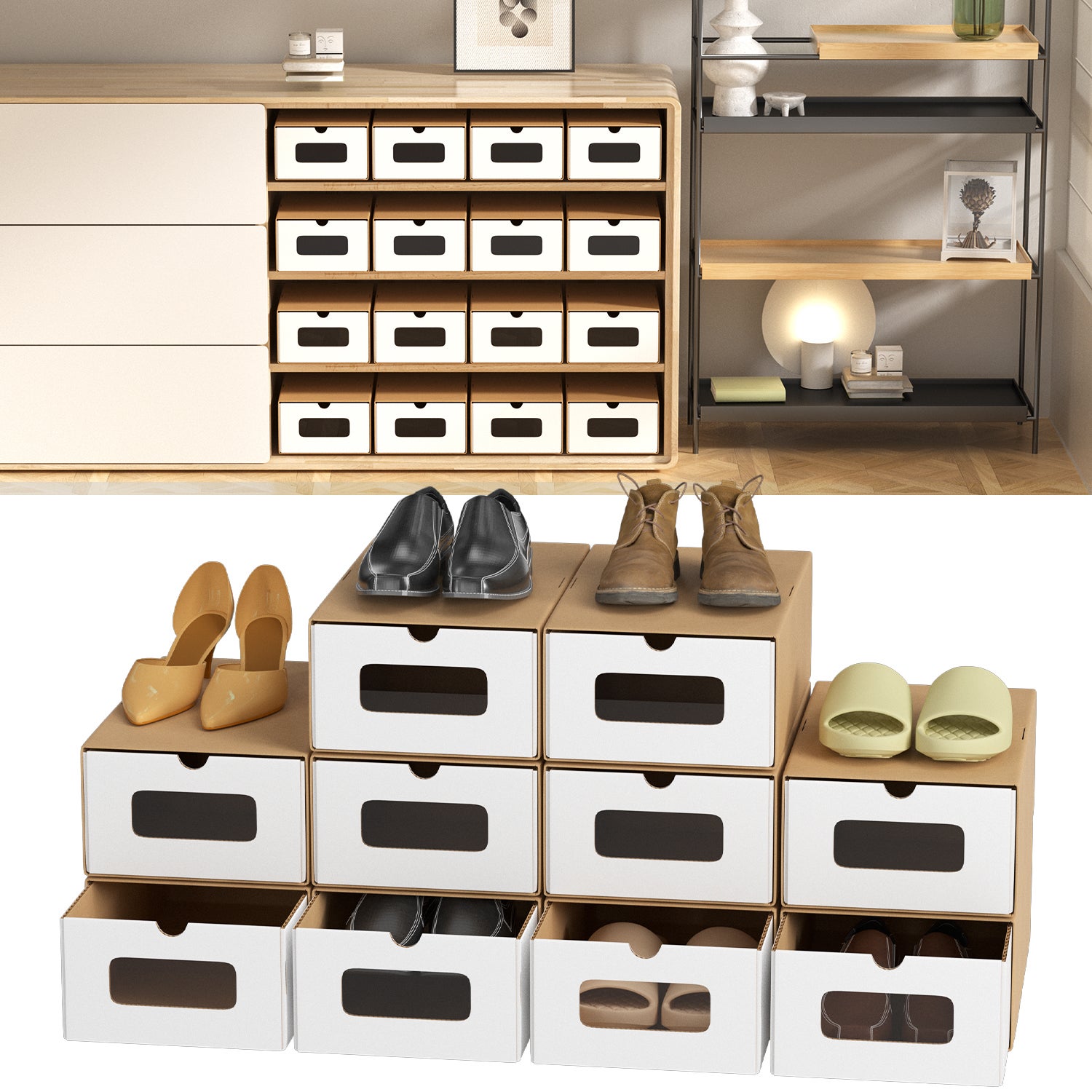 20X Boîte à chaussures Empilable Papier boites cubes rangement à chaussures avec tiroir 35 cm x 23 cm x 13 cm Marron/blanc - 5