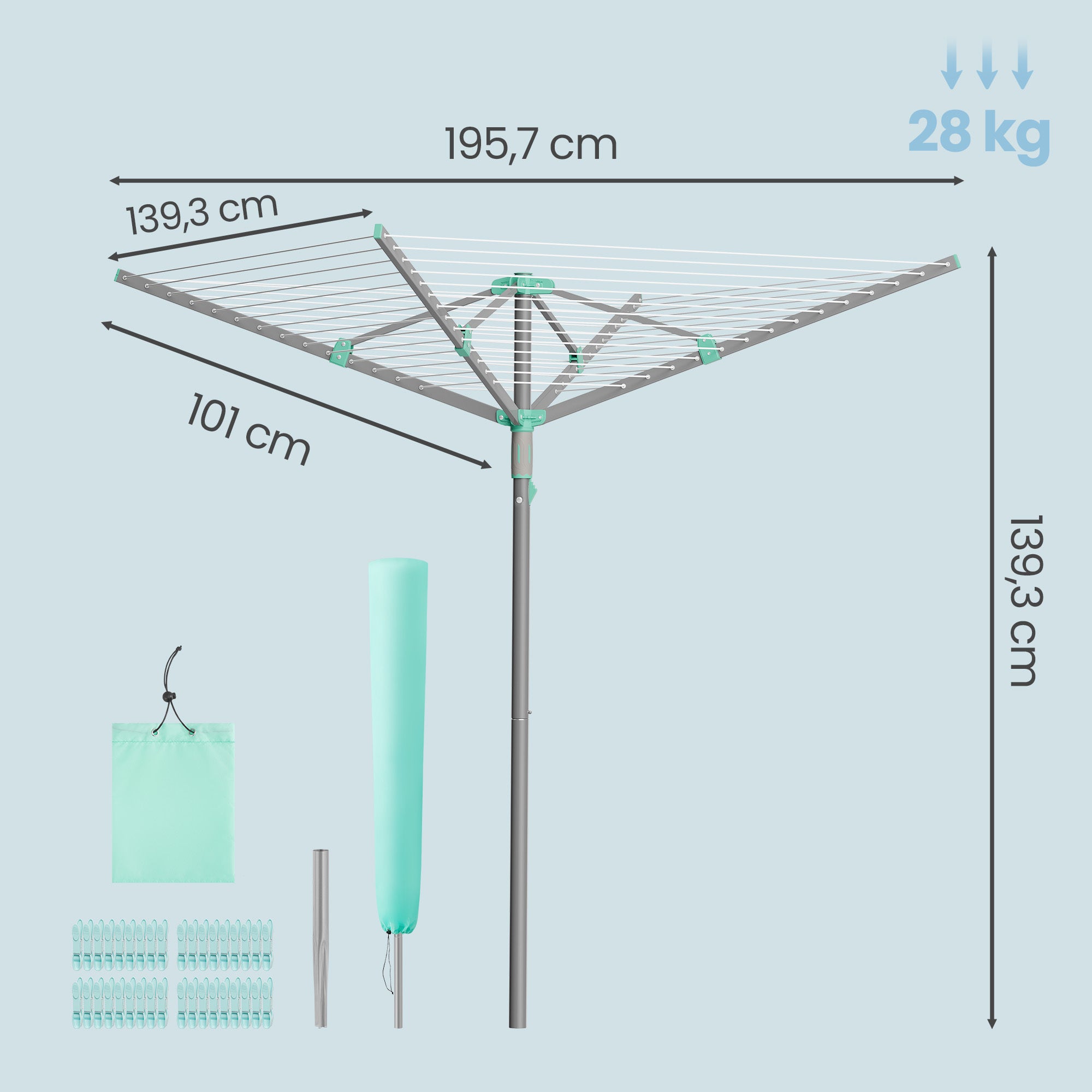 Étendoir Parapluie Pliable, avec Housse et Pinces, Jardin, Corde de Linge 50 m, Aargent - 5