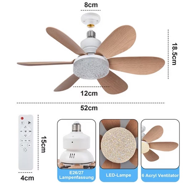 Kit Ventilatore Da Soffitto Con Luce E27 – Lampadina A LED Dimmerabile 3000-6500K Con Telecomando E Timer – Per Garage, Cucina, Armadio