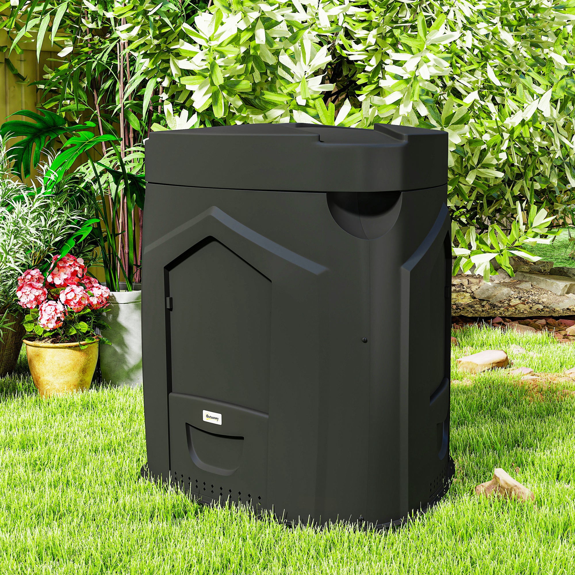 Composteur de jardin, 240L, bac à compost extérieur, en polypropylène, 3 Portes, 66 Aérations, 78 x 75 x 78 cm, Noir - 4