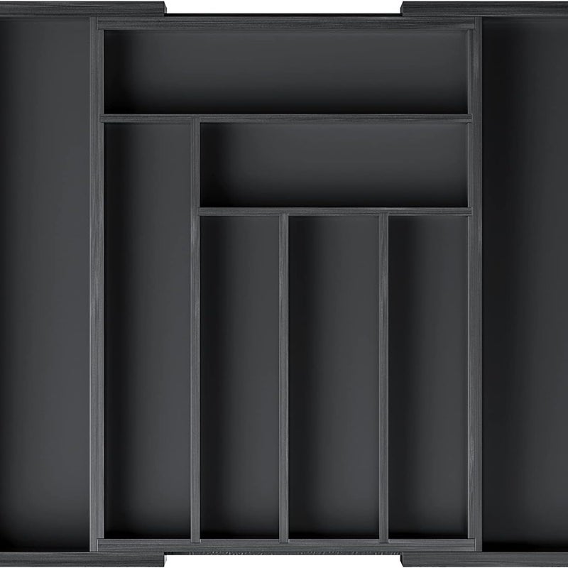 Pojemnik do przechowywania z wysuwaną szufladą, wkład na sztućce z bambusa, regulowany pojemnik do przechowywania sztućców, czarny