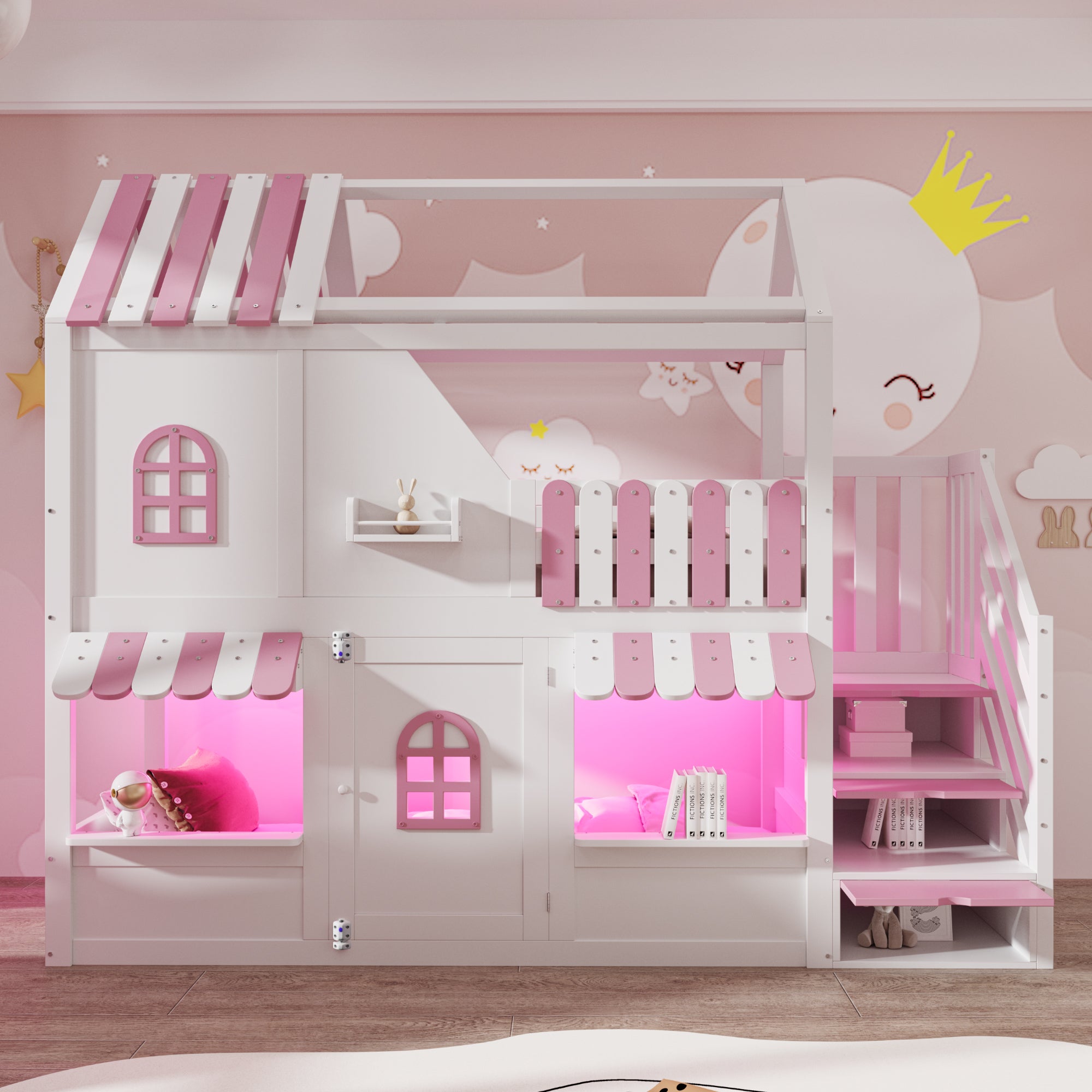 Lit superposé 90 x 200 cm avec fenêtres, toit, auvent, rambarde et porte - Pin + contreplaqué + MDF - LEDs - Rose + blanc (Sans matelas) - 3