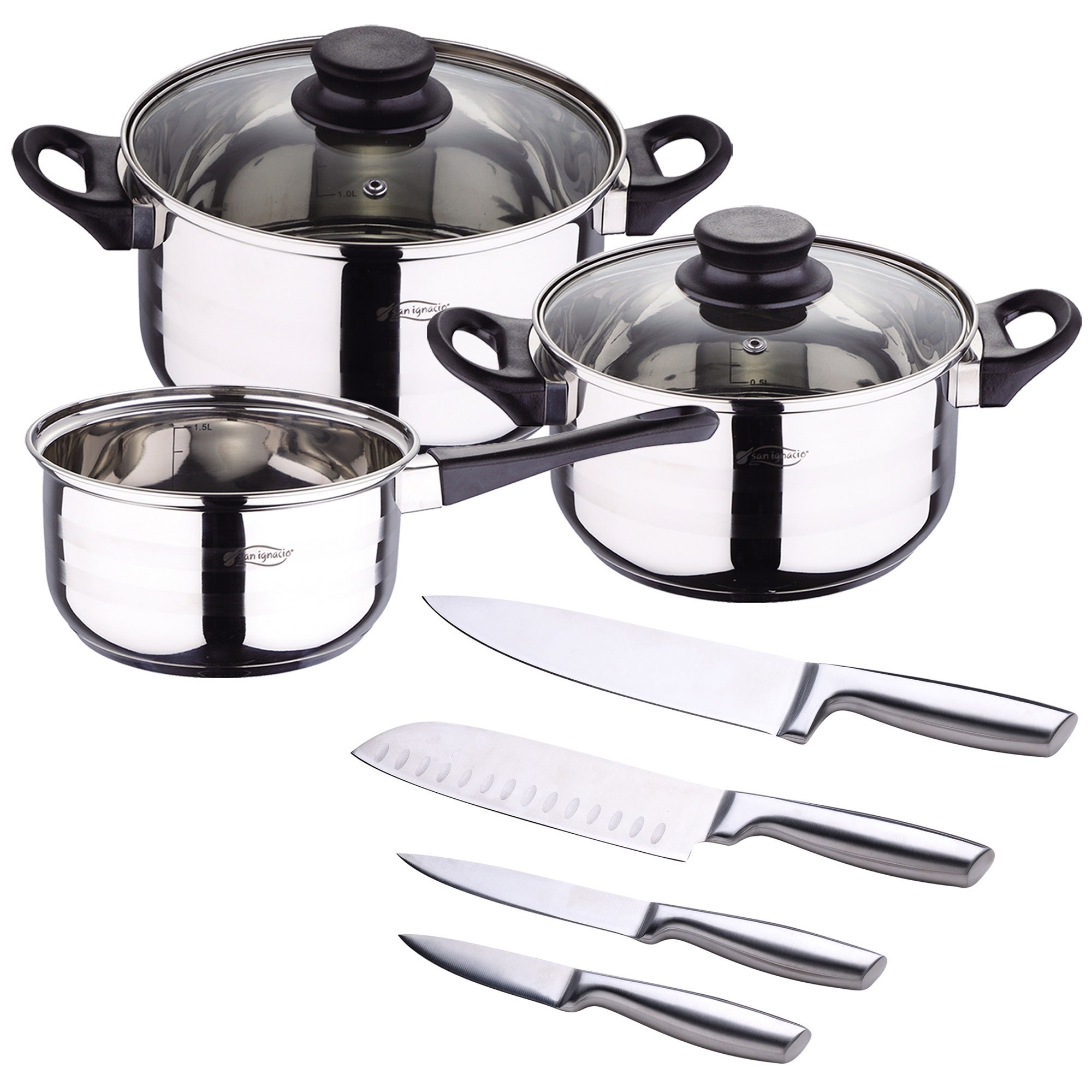 Set De 4 Couteaux De Cuisine Professionnels San Ignacio - Acier Inox 18/10, Poignées Silicone - Chef 20cm, Santoku 17.5cm, Universel 12.5cm, Couteau 9cm