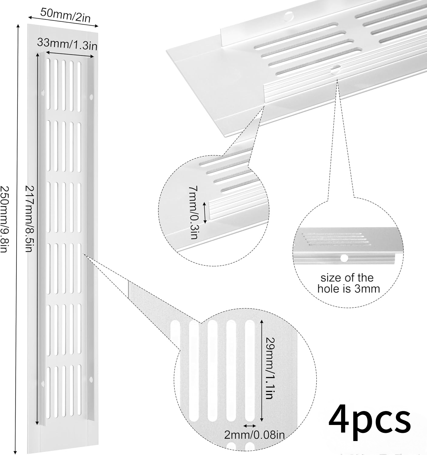Kratka wentylacyjna aluminiowa z wkrętami do wentylacji szaf i pomieszczeń, 25 x 5 cm, srebrna, 4 sztuki - 4
