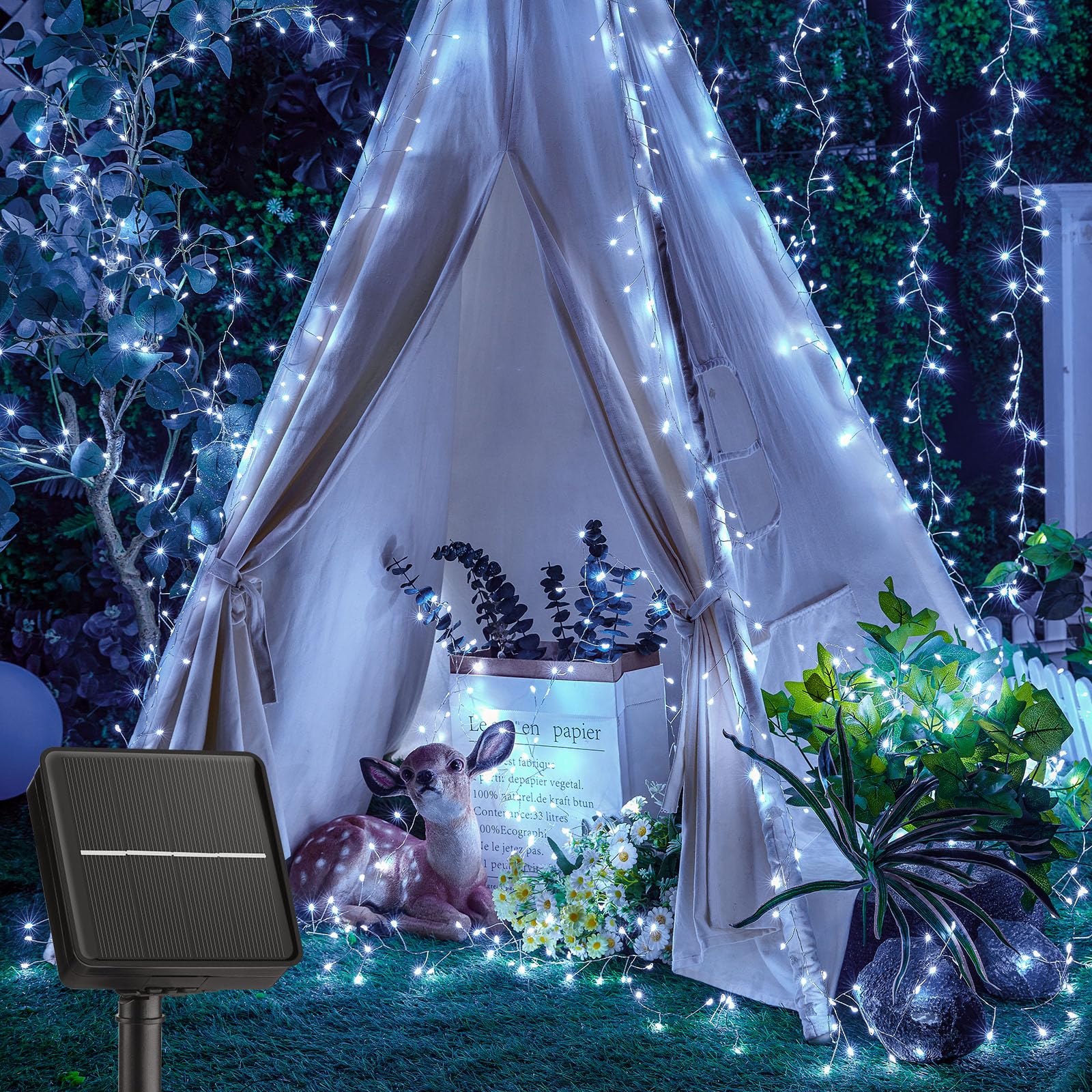 Stringa Luci Solari Per Esterni 6m Con 300 LED Bianco Caldo - Impermeabile 8 Modalità - Per Giardino, Albero Di Natale, Feste - 4