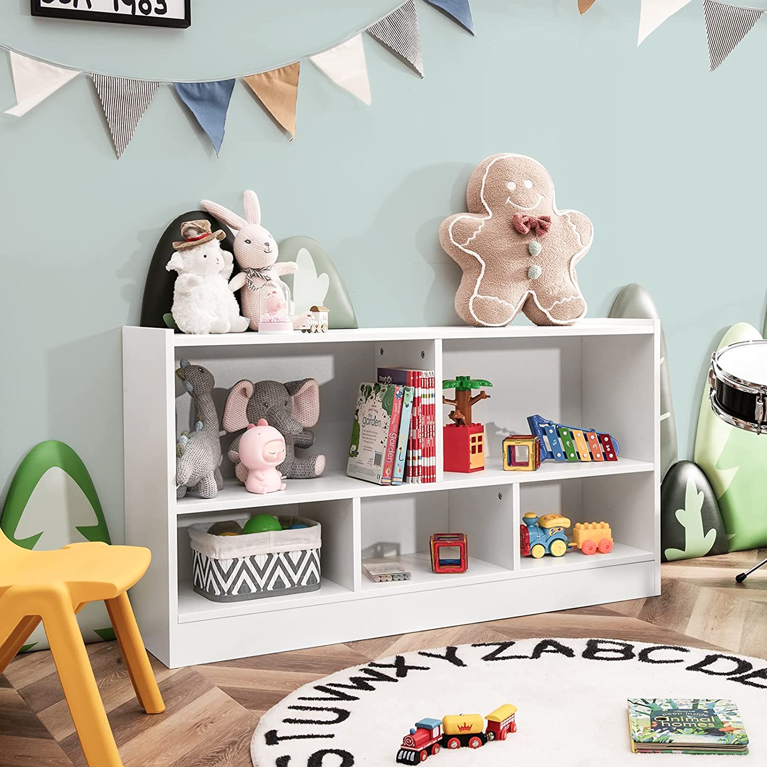 Bibliothèque avec 5 Compartiments, Meuble de Rangement pour Jouets & Livres avec Patins Antidérapants, pour Salon, Chambre, 111x30x61,5cm, Blanc - 2