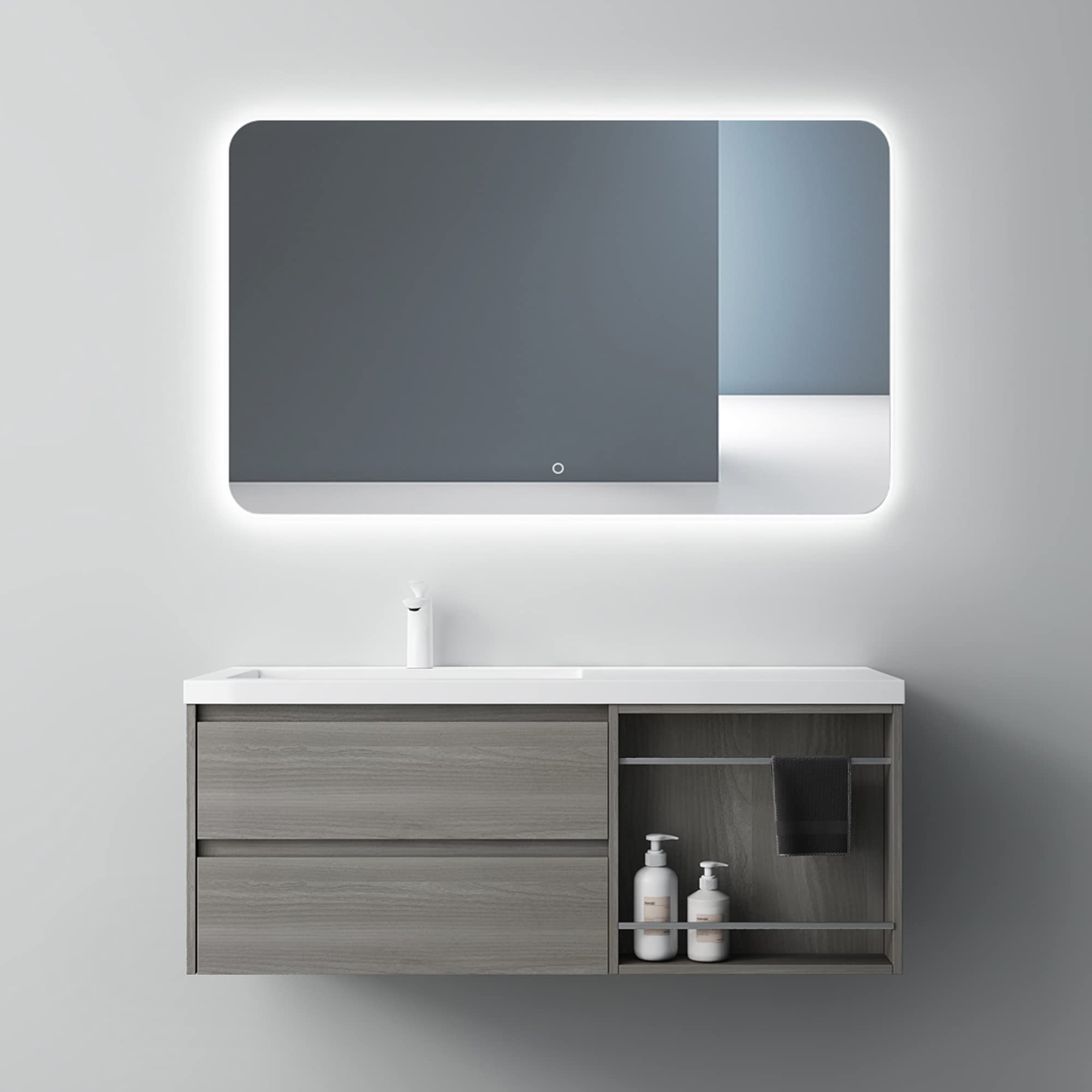 Meuble Salle De Bain Suspendu Gris Foncé Avec Lavabo - 150x48x25cm - 2 Tiroirs Soft Close - Étanche - Design Moderne