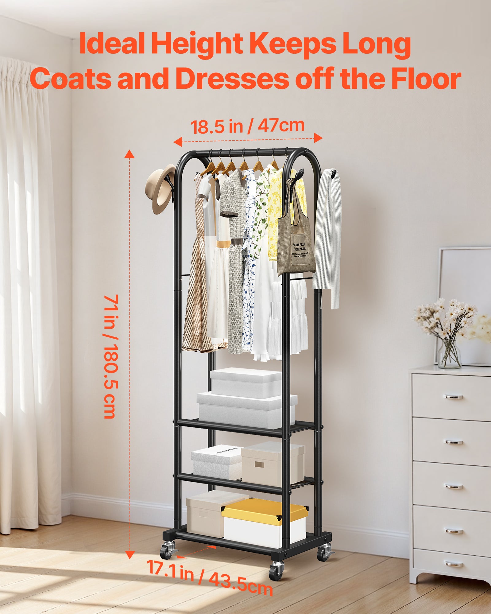 Portant à vêtements VEVOR, acier carbone, roulant avec tringle et crochets latéraux, 3 étagères, charge 45 kg, pour chambre/buanderie/salon - 3