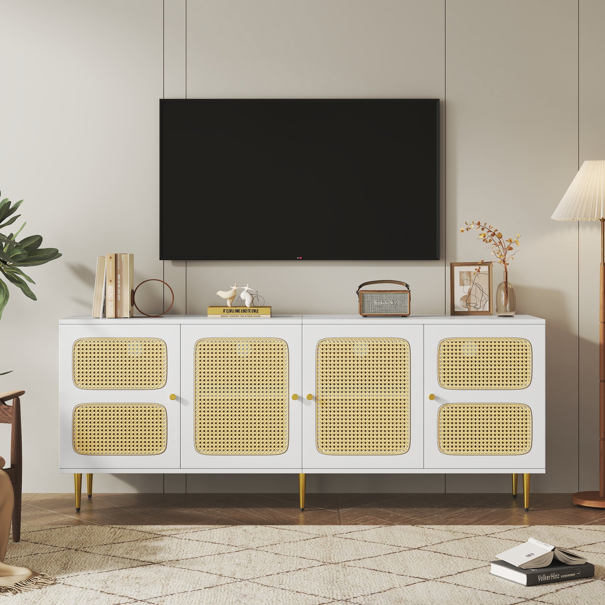 Meuble De Rangement Rotin MDF Buffet Haut 4 Portes - 127x38x83 Cm Blanc Et Bois Pour Salon Et Chambre