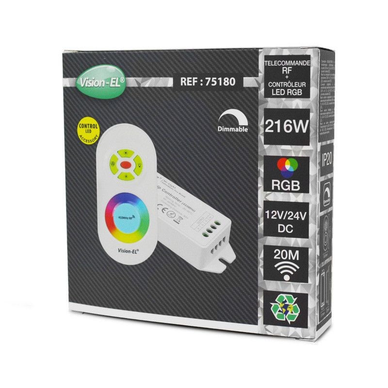 Contrôleur LED RGB 216W - Télécommande RF 20m - 12V/24V DC - Dimmable - 4