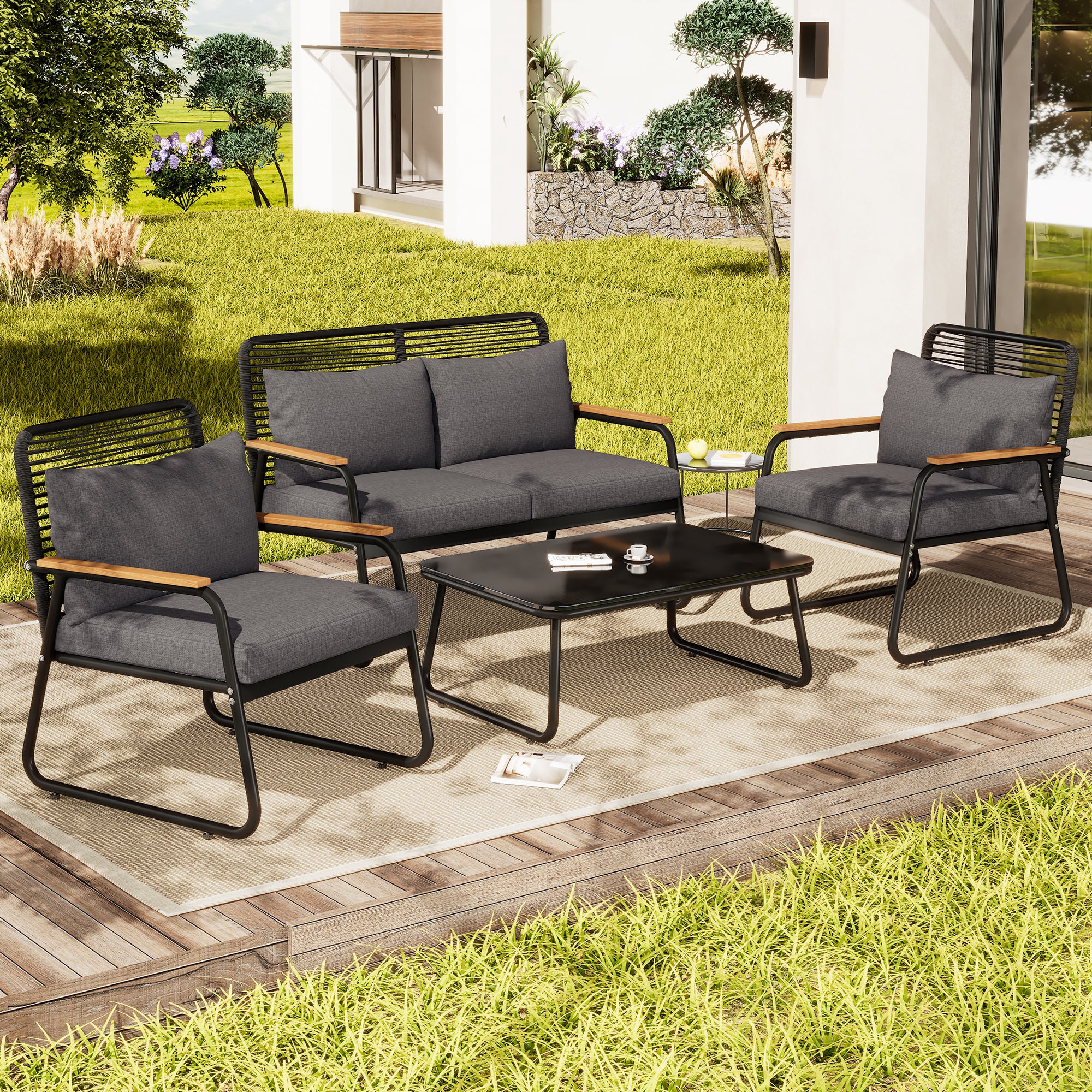 Salon de jardin, ensemble table et canapé pour 4 personnes avec structure en fer galvanisé,y compris tous les coussins d'assise et de dossier,noir - 3