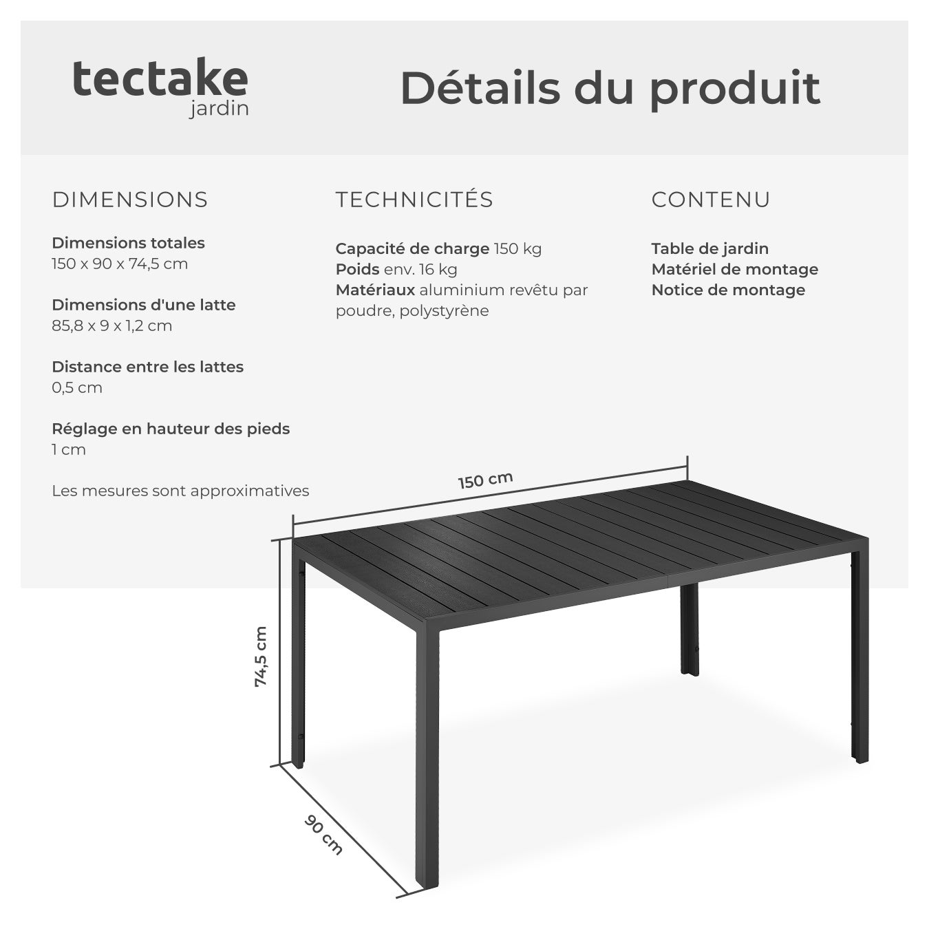TECTAKE Mesa de jardín de aluminio y plástico - 6