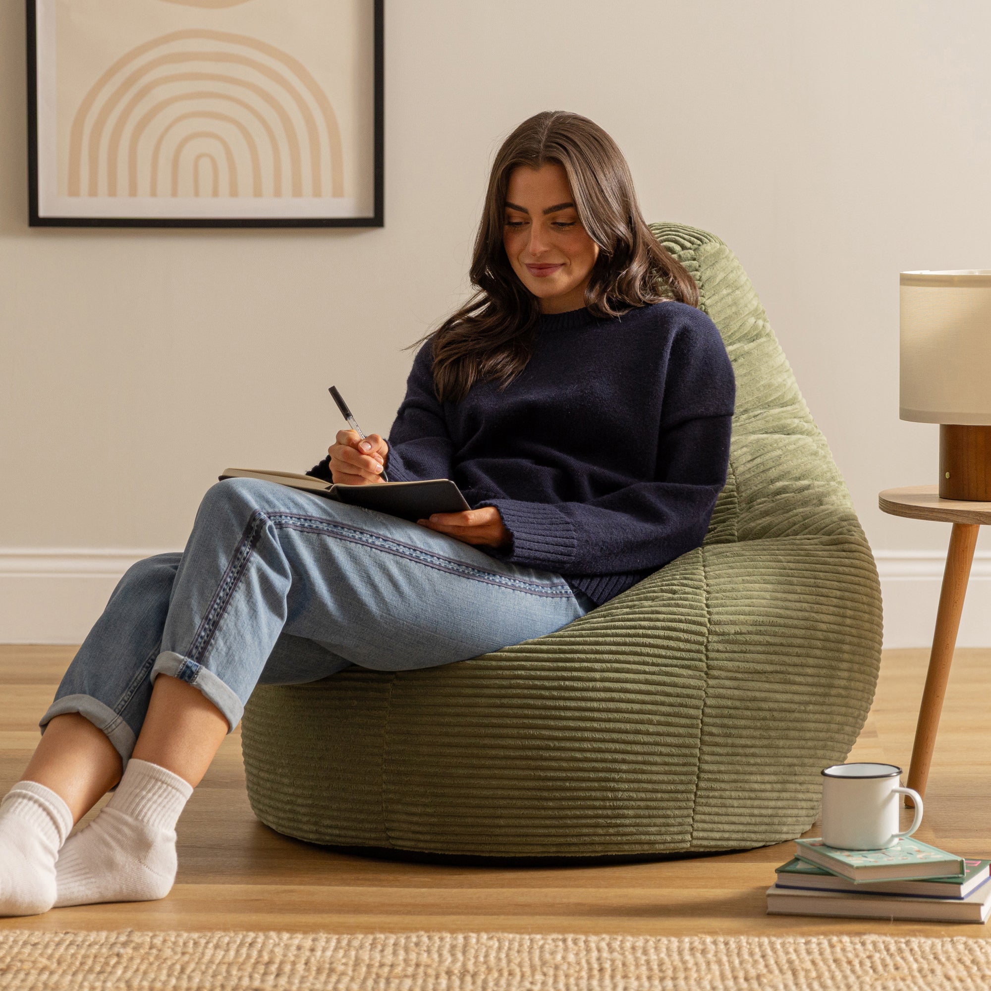 Pouf Icon à dossier haut velours côtelé vert sauge, salon, chambre, 84x90cm, Made in Allemagne, Oeko-Tex® - 4