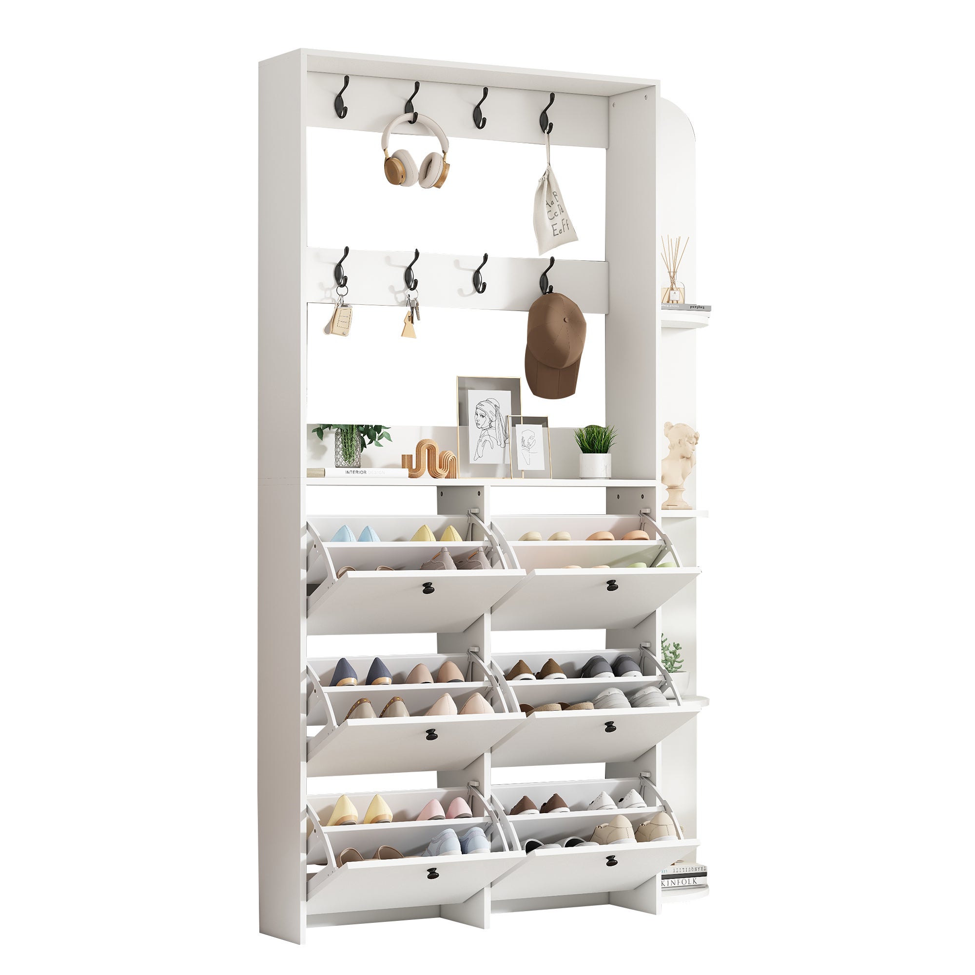 Zestaw szafek do przedpokoju 120 x 24 x 200 cm - Z 6 szafkami na buty - 8 wieszakami - Z 5 półkami - Biały - 8