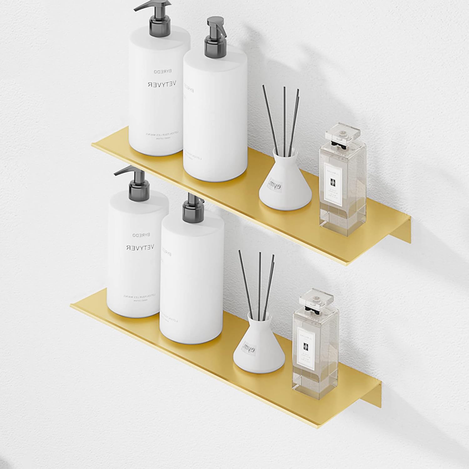 Étagères flottantes en métal, lot de 2, étagère murale en or brossé, support de douche mural, présentoir décoratif 40 cm - 6