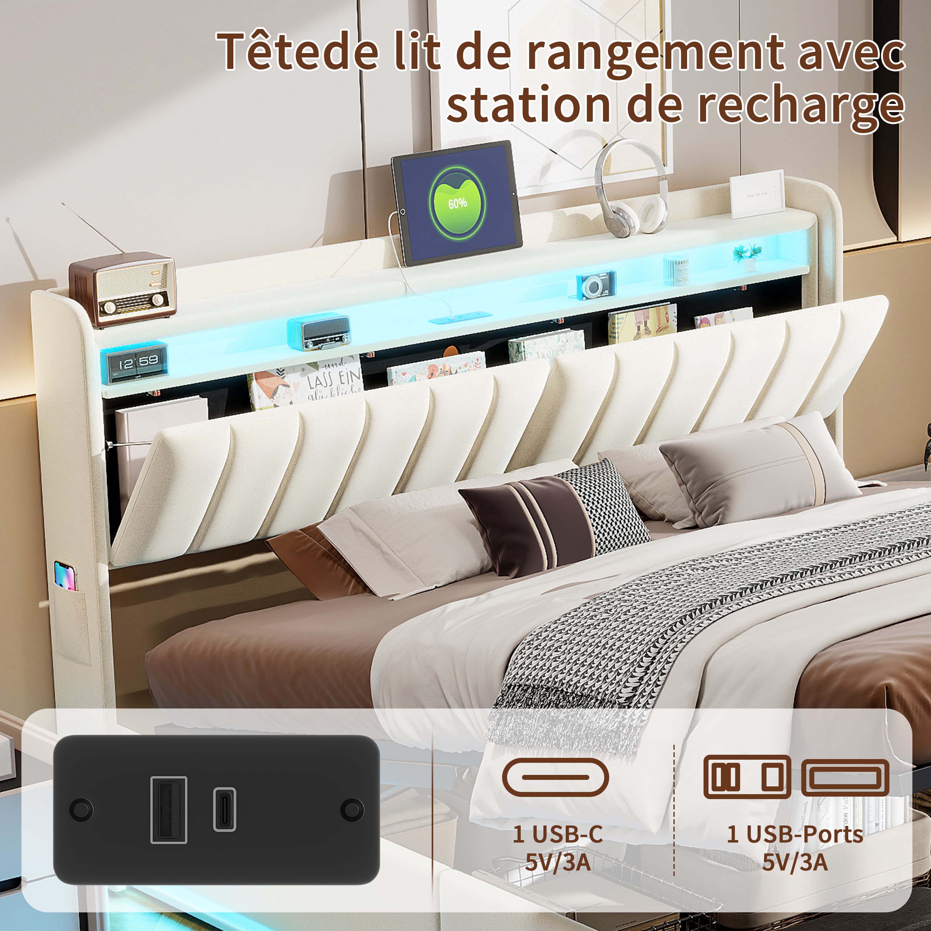 Lit coffre 160x200cm avec LED et ports USB, lit double avec espace de rangement et tête de lit, cadre de lit rembourré à lattes, velours, beige - 7